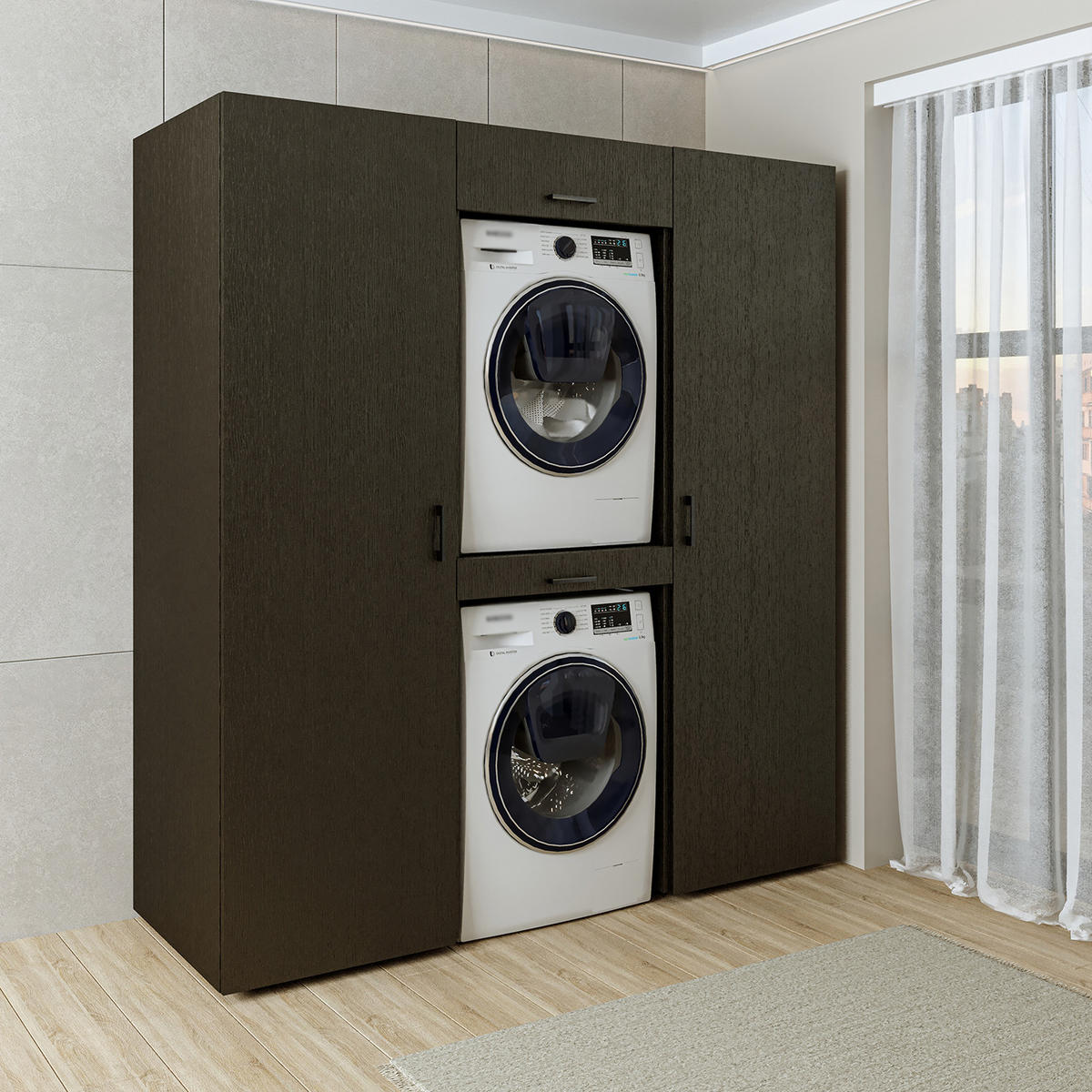 WASCHMASCHINENSCHRANK DUO-I 187cm Breit, 205cm Hoch - Schwarz, Holzwerkstoff (187/205/67cm)