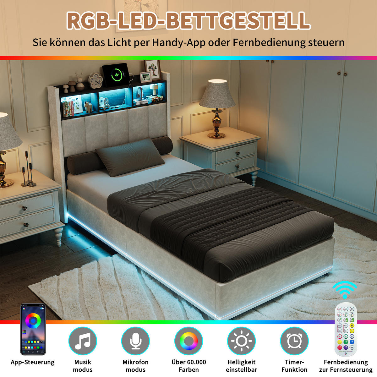 POLSTERBETT 90/200 cm Weiß mit hydraulischem Stauraum, LED-Kopfteil mit Ablage und USB-Anschluss - Weiß, Metall (90/200cm) - EuroLiving