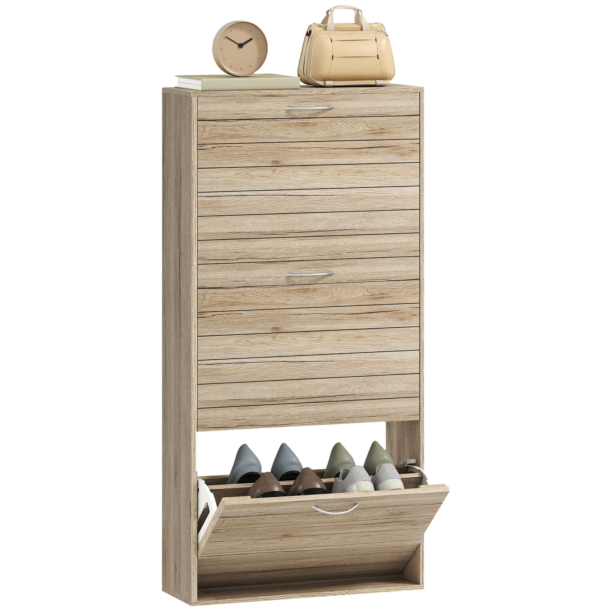 SCHUHSCHRANK,SCHMAL 3 Flügeltüren verstellbare Böden für 12 Paar,eiche - Beige, Holzwerkstoff (57/116/23.5cm) - Vallsero