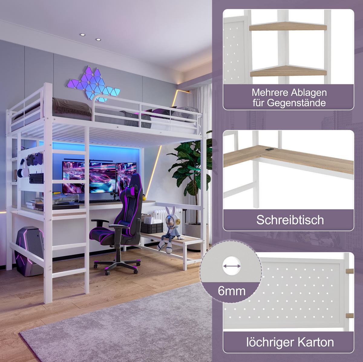 HOCHBETT 90/200 cm, Weiß mit Schreibtisch, LED und USB-C - Weiß, Metall (90/200cm) - MIVRAY