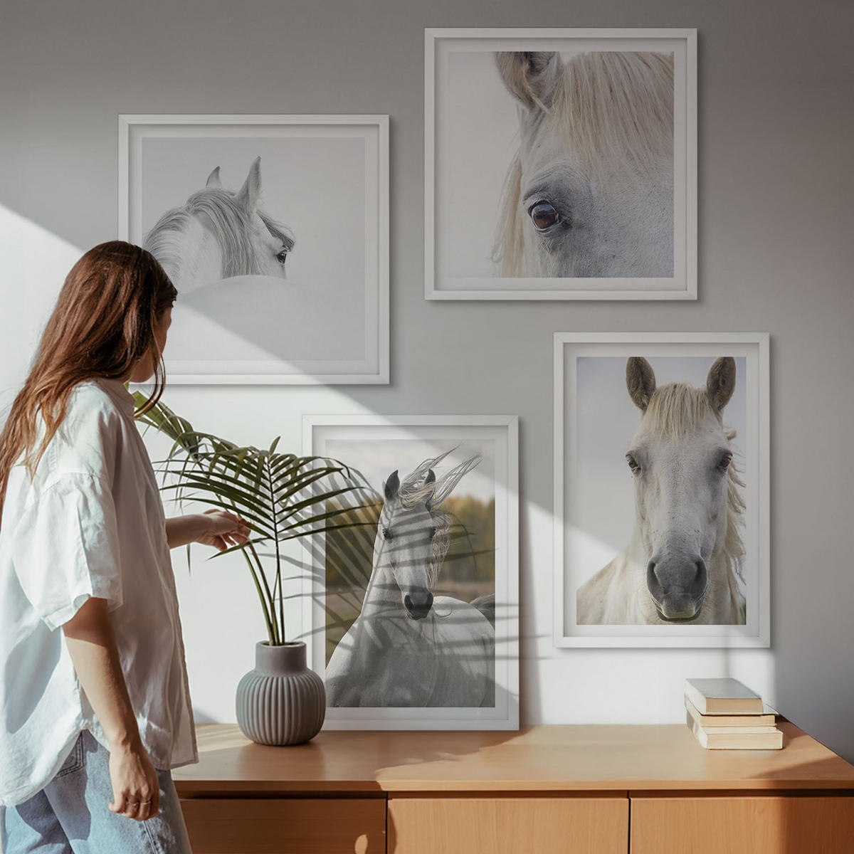 WANDBILDER 4er-Set - 50x50 cm & 40x60 cm Weißer Rahmen - Weiße Pferde - Weiß, Kunststoff (50/50cm) - ArtPrintCave