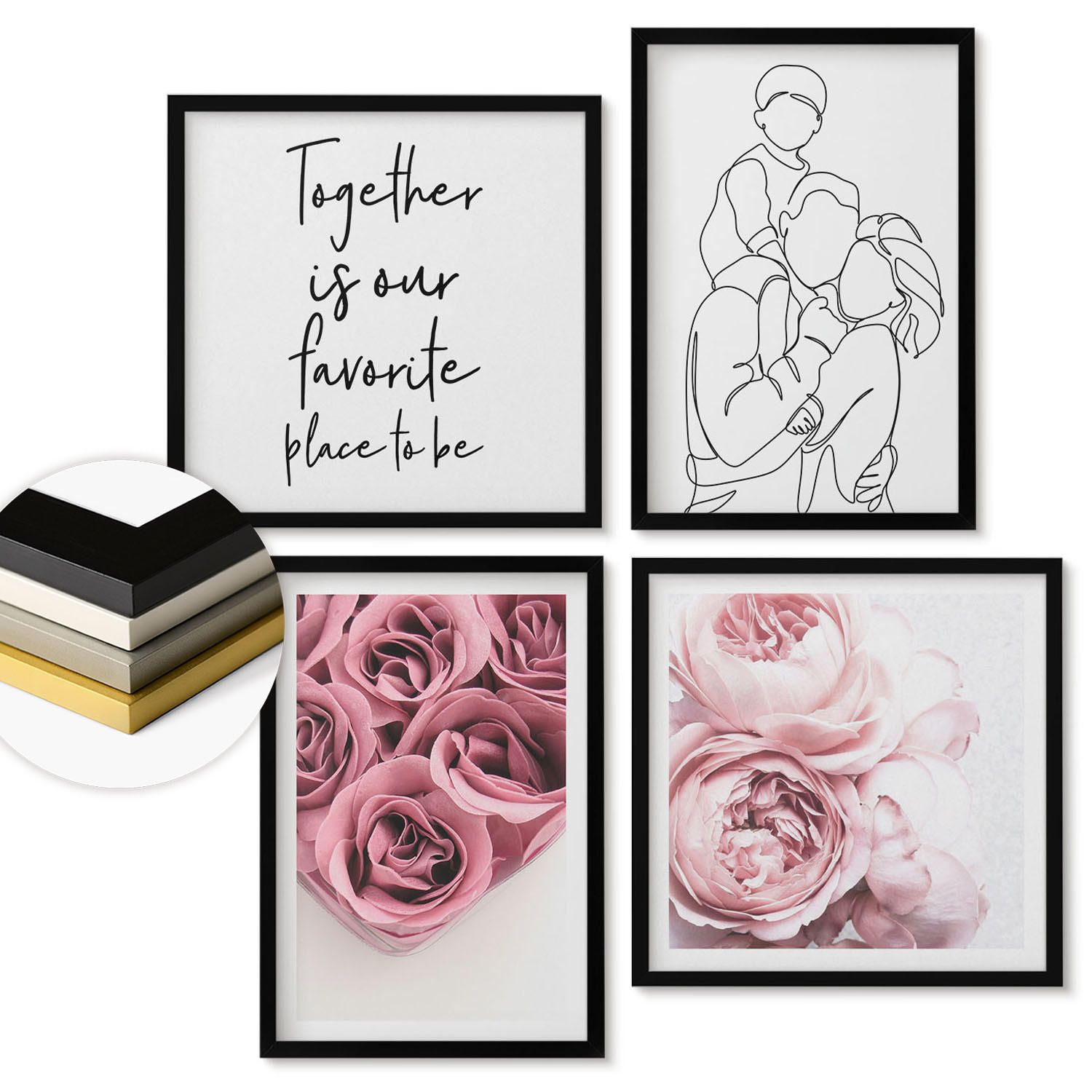 WANDBILDER 4er-Set - 50x50 cm & 40x60 cm Schwarzer Rahmen - Rosensträuße als Familienzeichnung - Schwarz, Kunststoff (50/50cm) - ArtPrintCave