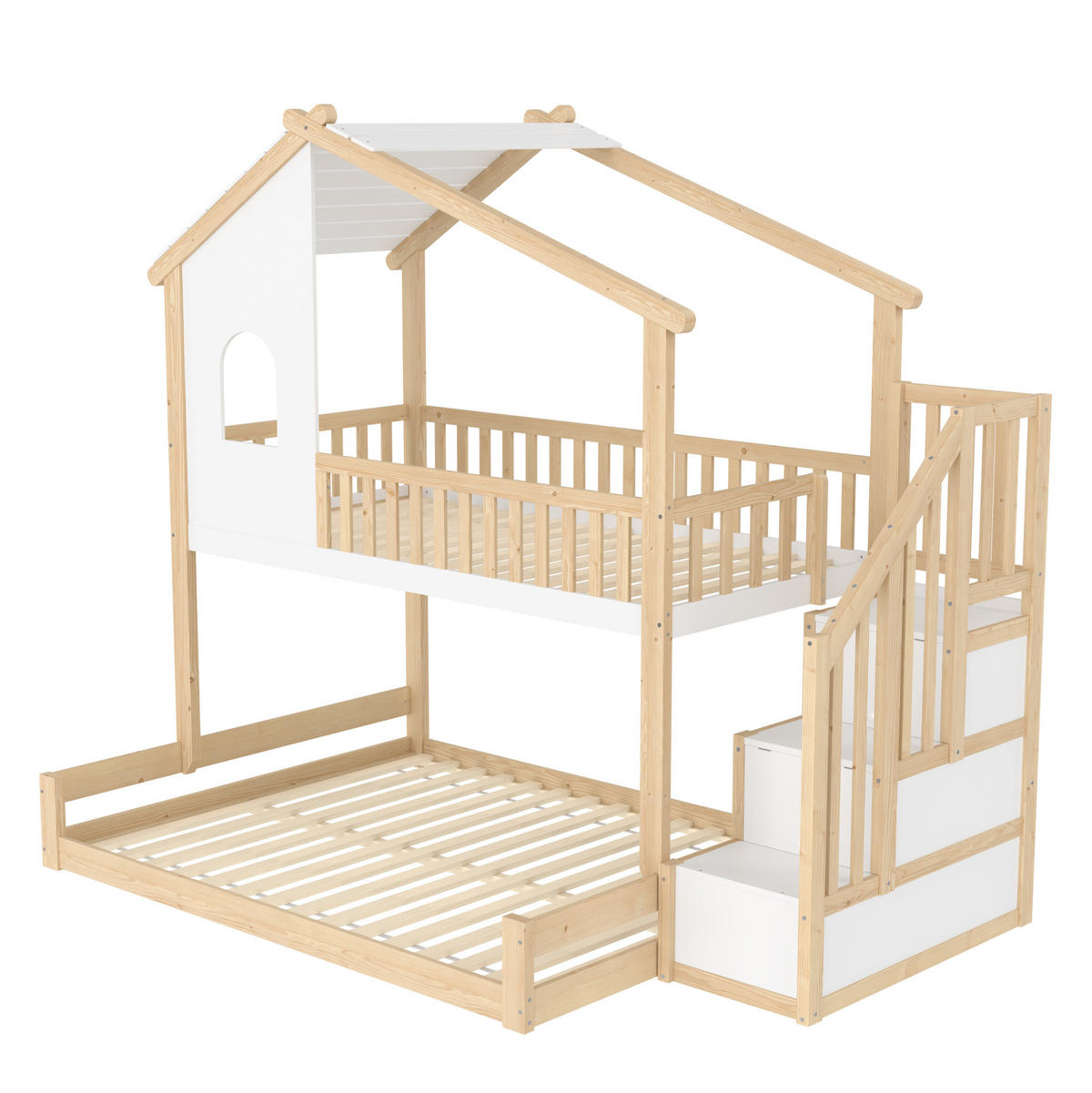ETAGENBETT 90/200 cm + 140/200 cm mit Stauraumleiter, Hausoptik und Bettgitter aus Kiefernholz, Natur/Weiß - Naturfarben, Holzwerkstoff (90/200cm) - Redom