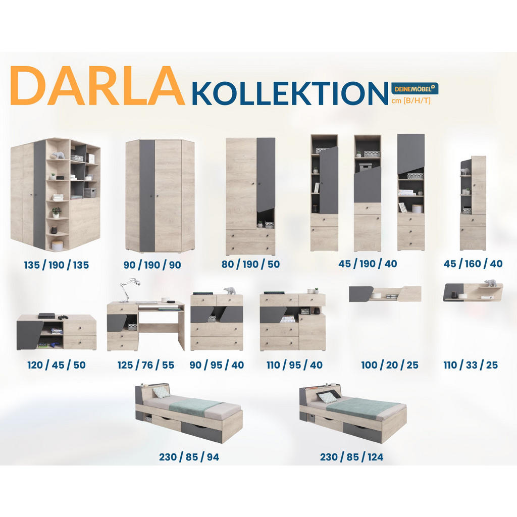 Thumbnail - Deine Möbel 24 Eckschrank, Sonoma Eiche, Anthrazit, Holzwerkstoff, 135x190x135 cm, Kinder- & Jugendzimmer, Kindermöbel, ...