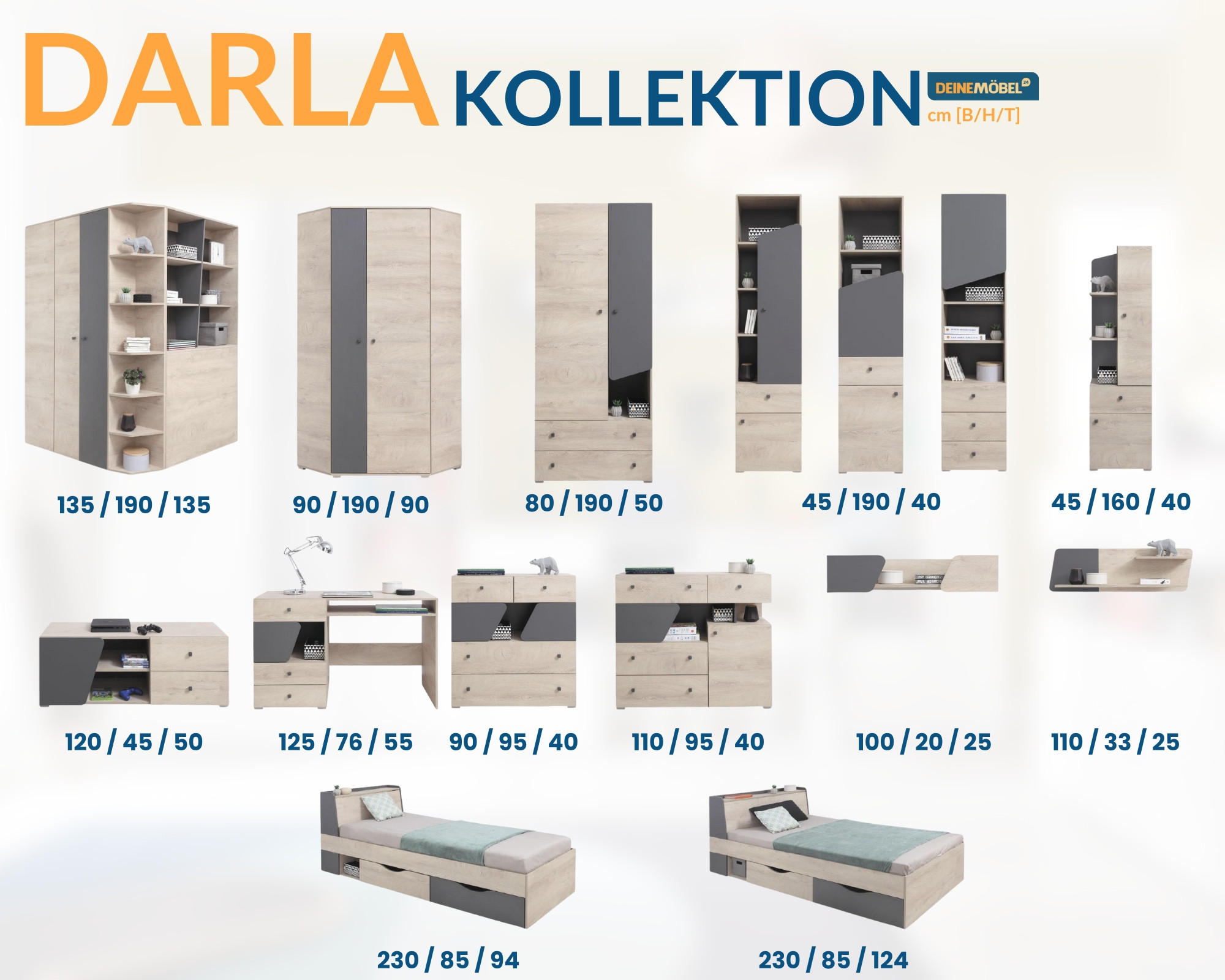 Thumbnail - Deine Möbel 24 Kinder-Wandregal, Sonoma Eiche, Anthrazit, Holzwerkstoff, 100x20x25 cm, Kinder- & Jugendzimmer, Kindermöb...