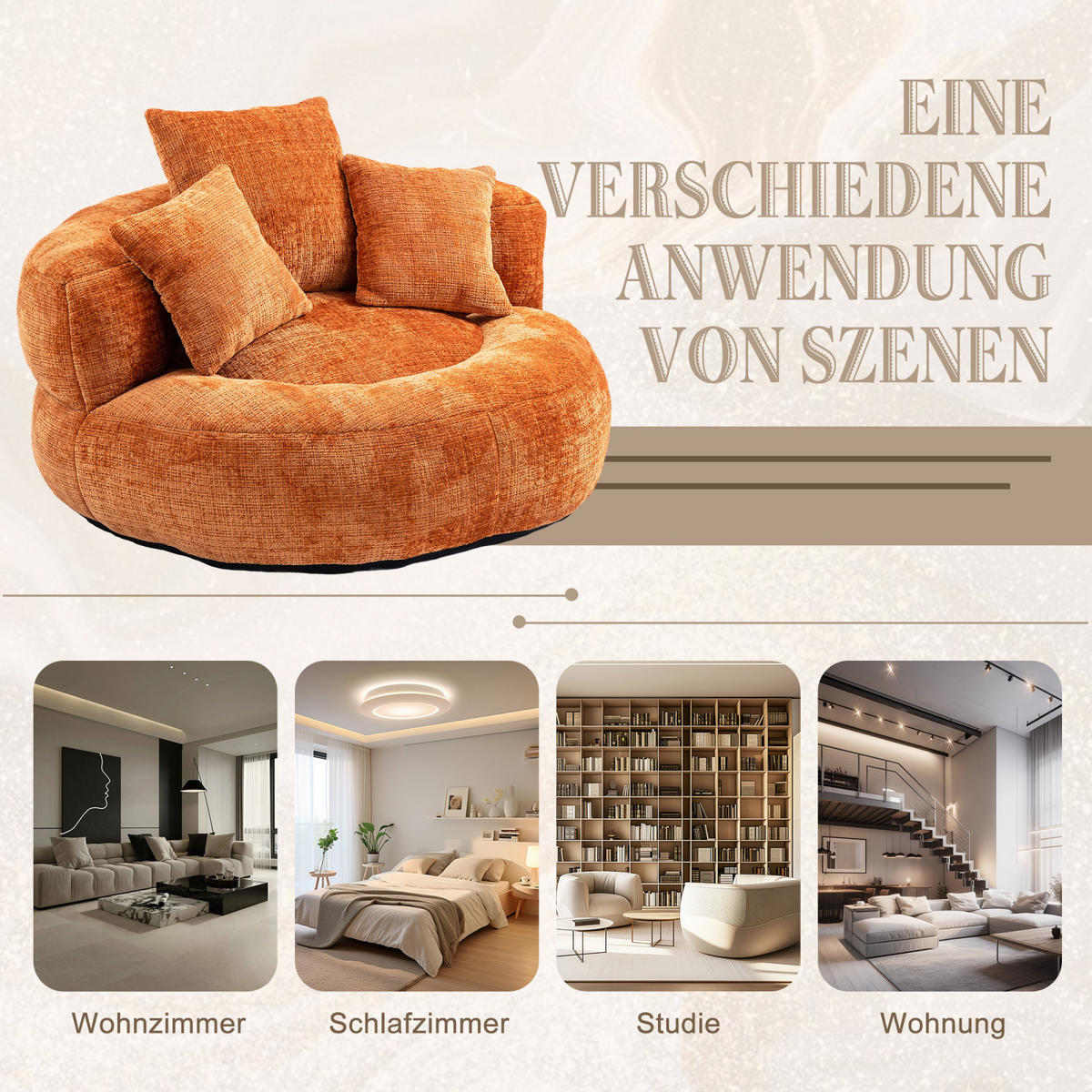 SITZSACK Sessel mit 3 Kissen bequem weich Polstersessel Orange - Orange, Textil (108/52/108cm) - PARAFTA HOME