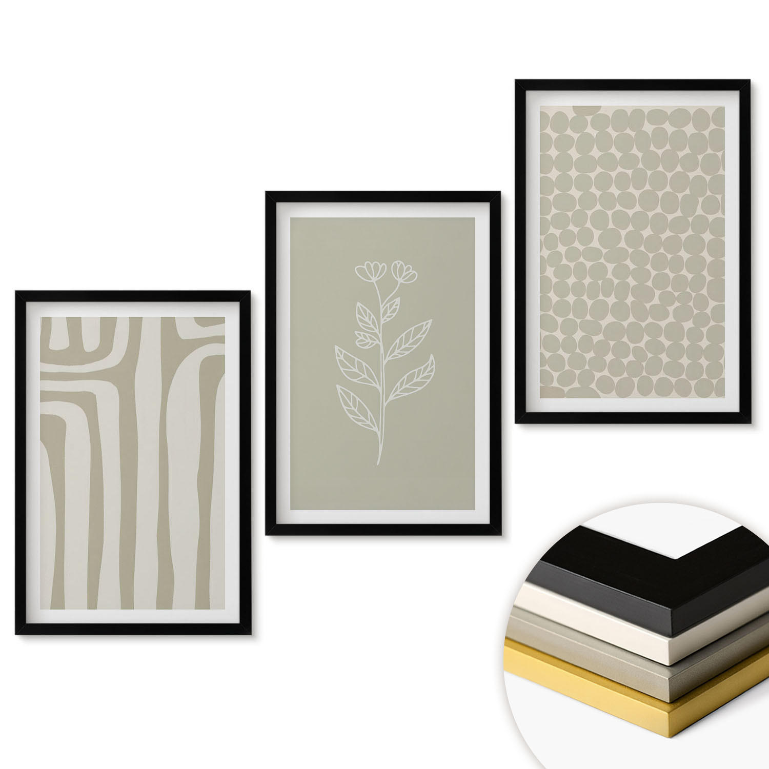 WANDBILDER 3er-Set - 40x60 cm Schwarzer Rahmen - Geometrische Pflanzenmuster - Schwarz, Kunststoff (40/60cm) - ArtPrintCave