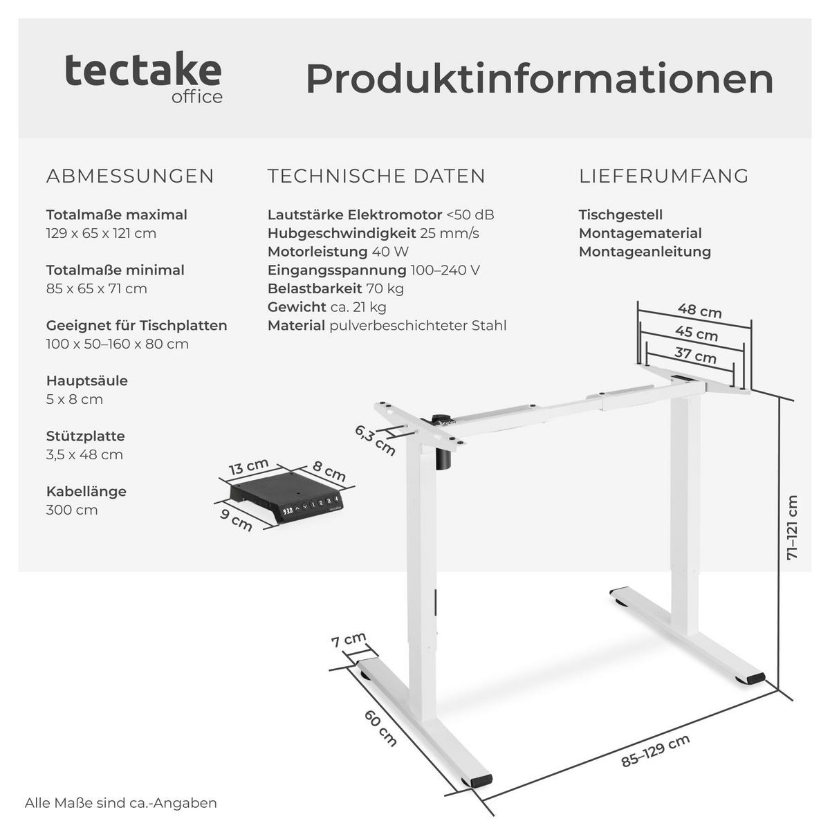 TISCHGESTELL Piotr, 85 - 129 x 65 x 71 - 121 cm, weiß - Weiß, Metall (129/65/121cm) - tectake
