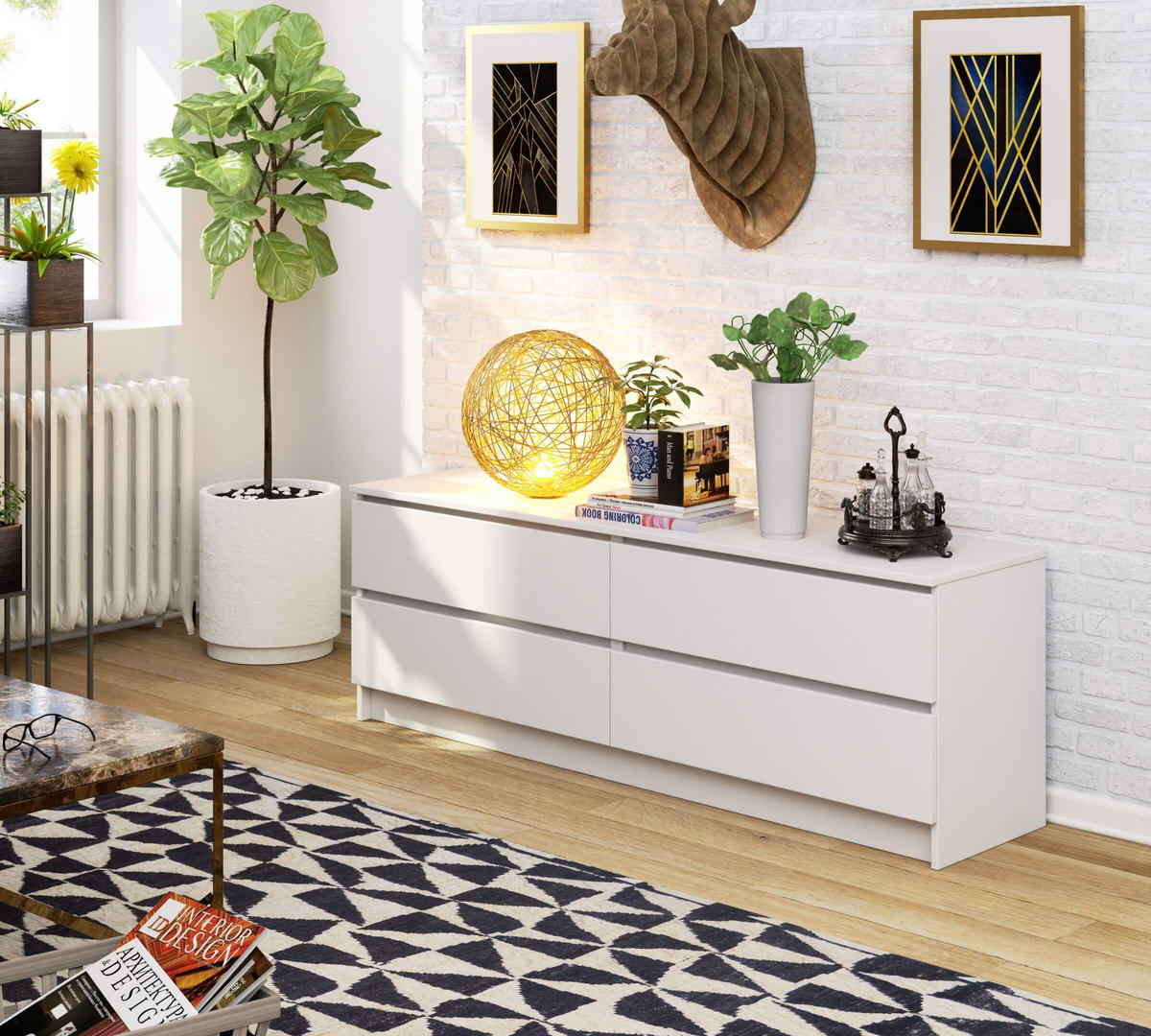 KOMMODE K160 4 Schubladen, Weiß, 160x40x54 cm - Weiß, Holz (160/54/40cm) - Milordbikes