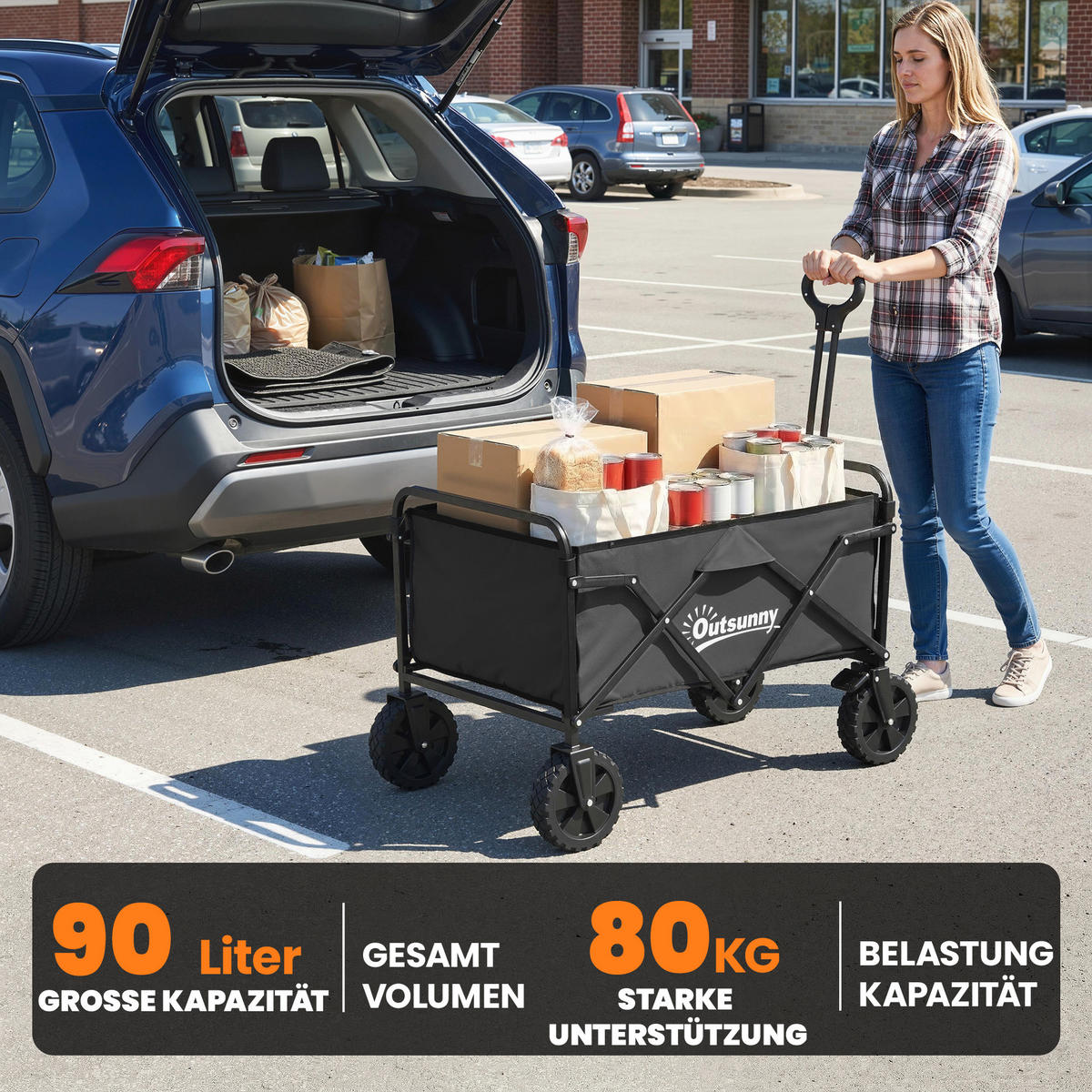 GARTENWAGEN DE-10533 faltbar, 90 L mit Getränkehaltern Schwarz - Schwarz, Metall (50/99/85cm) - ComfortXL