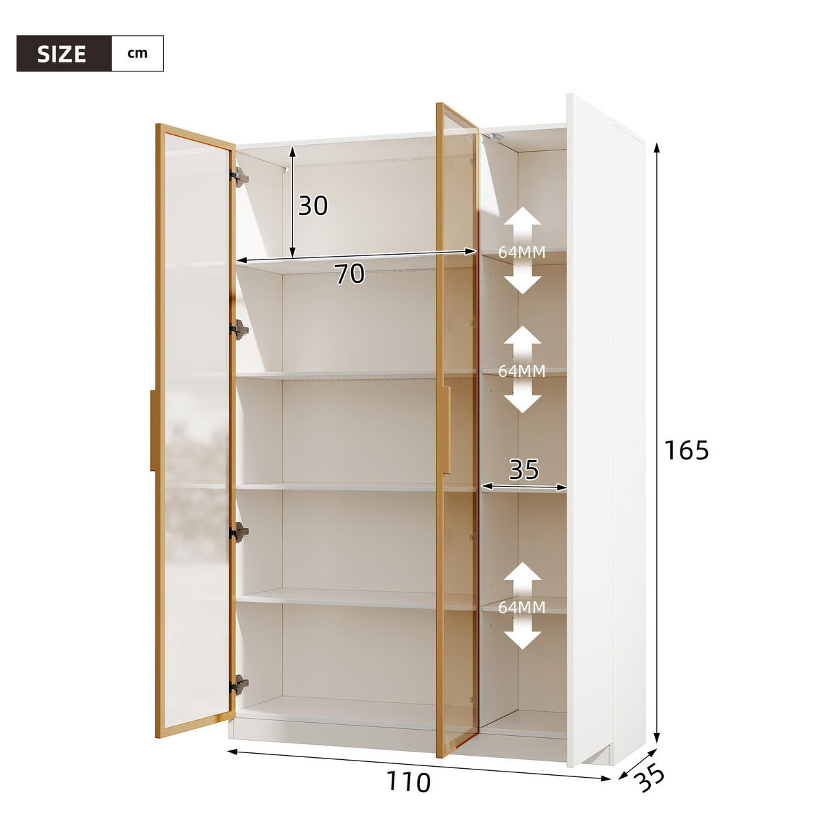 HIGHBOARD mit Glastüren 110/35/165 cm in Weiß mit LED-Beleuchtung - Weiß, Holzwerkstoff (115/165/35cm) - BEAOK