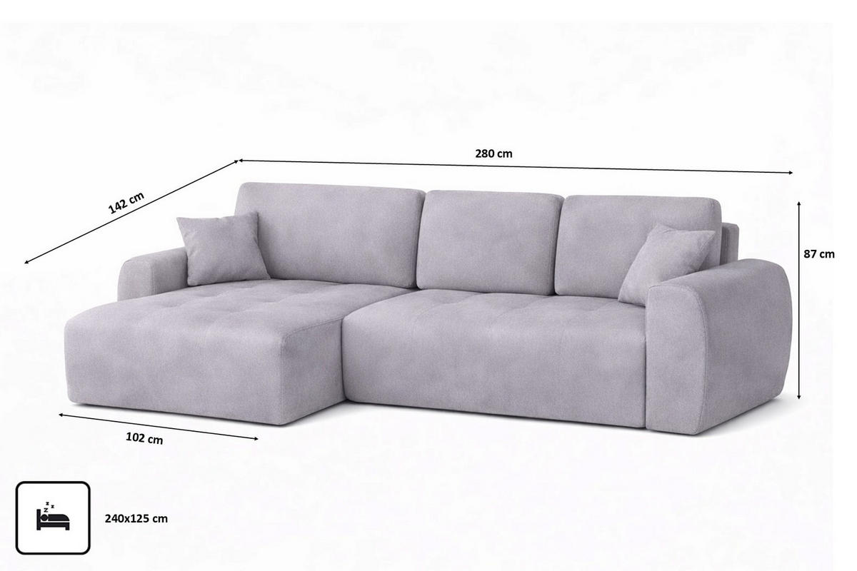 ECKSOFA Mit Schlaffunktion Und Bettkasten L-Form Ivo XL, Veloursstoff Salvador, Grau, Links - Grau, Holz (280/142cm) - Kaiser Möbel