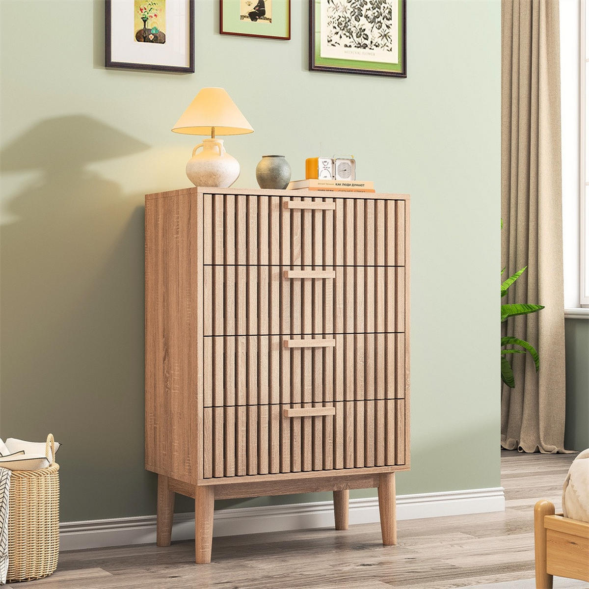 KOMMODE mit 4 Schubladen - gerillte Fronten und konische Beine - für Wohnzimmer und Schlafzimmer - Eichefarben, Holzwerkstoff (60/91/34cm) - DELFA