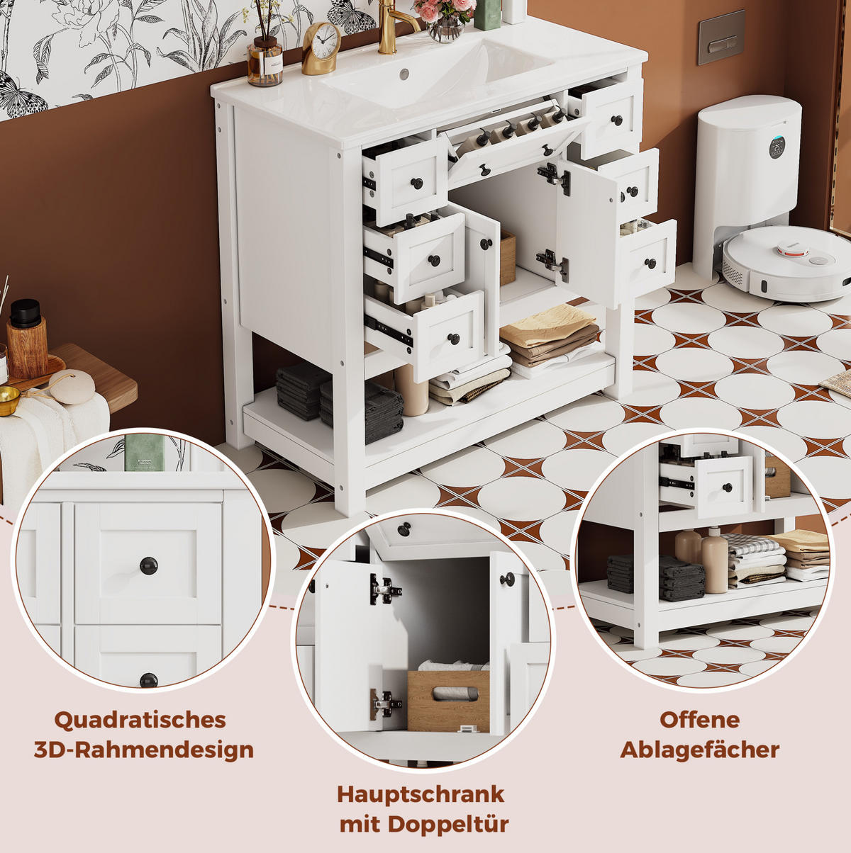 WASCHTISCH aus MDF und Keramik 91,5x46,5x90 cm Weiß mit integriertem Keramikbecken und Stauraum - Weiß, Keramik (91.5/90/46.5cm) - Modfu