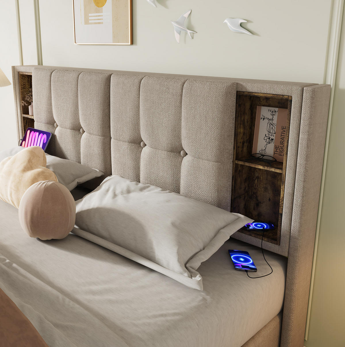 POLSTERBETT 160/200 cm mit Bettkasten, USB-C, kabellosem Laden und Matratze - Naturfarben, Textil (160/200cm) - BEAOK