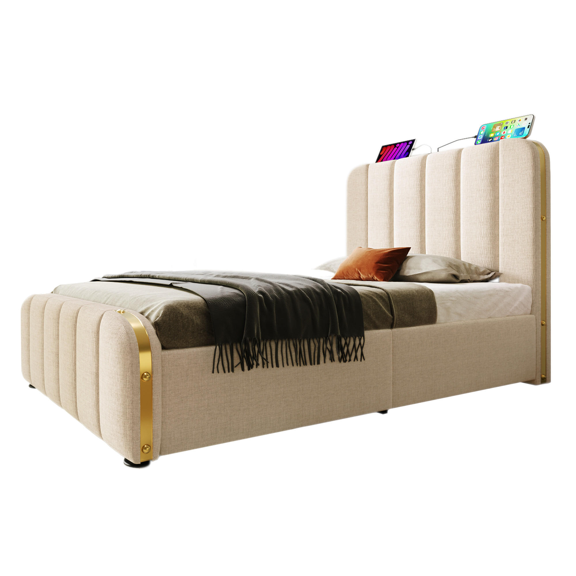 STAURAUMBETT 90/200 cm DE-00912, in Beige, 4 Schubladen und Matratze - Beige, Metall (90/200cm) - ComfortXL