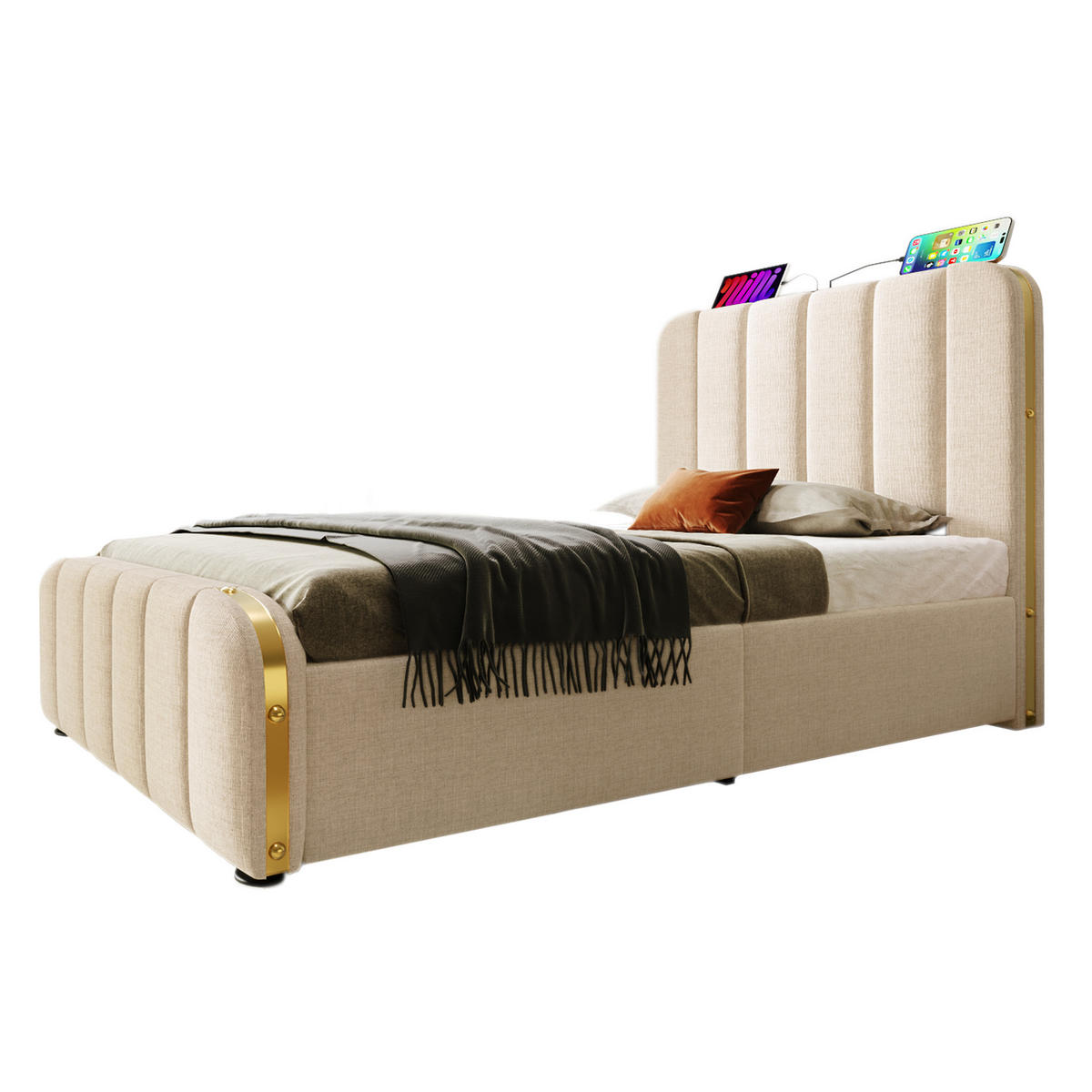 POLSTERBETT 90/200 cm Beige mit 4 Schubladen und USB-Typ-C-Anschluss - Beige, Textil (90/200cm) - OKWISH