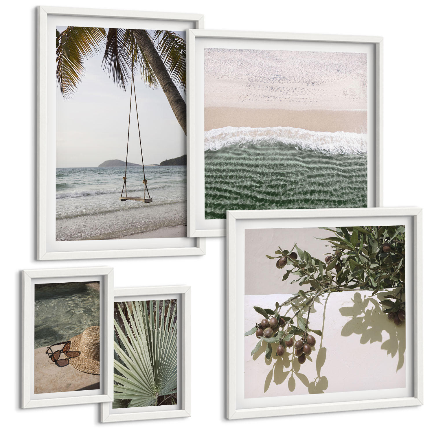 BILDER SET 5er Set - 50x50 cm & 20x30 cm & 40x60 cm Weißer Rahmen - Strandschaukel-Blätterurlaub - Weiß, Kunststoff (40/60cm) - TULUP