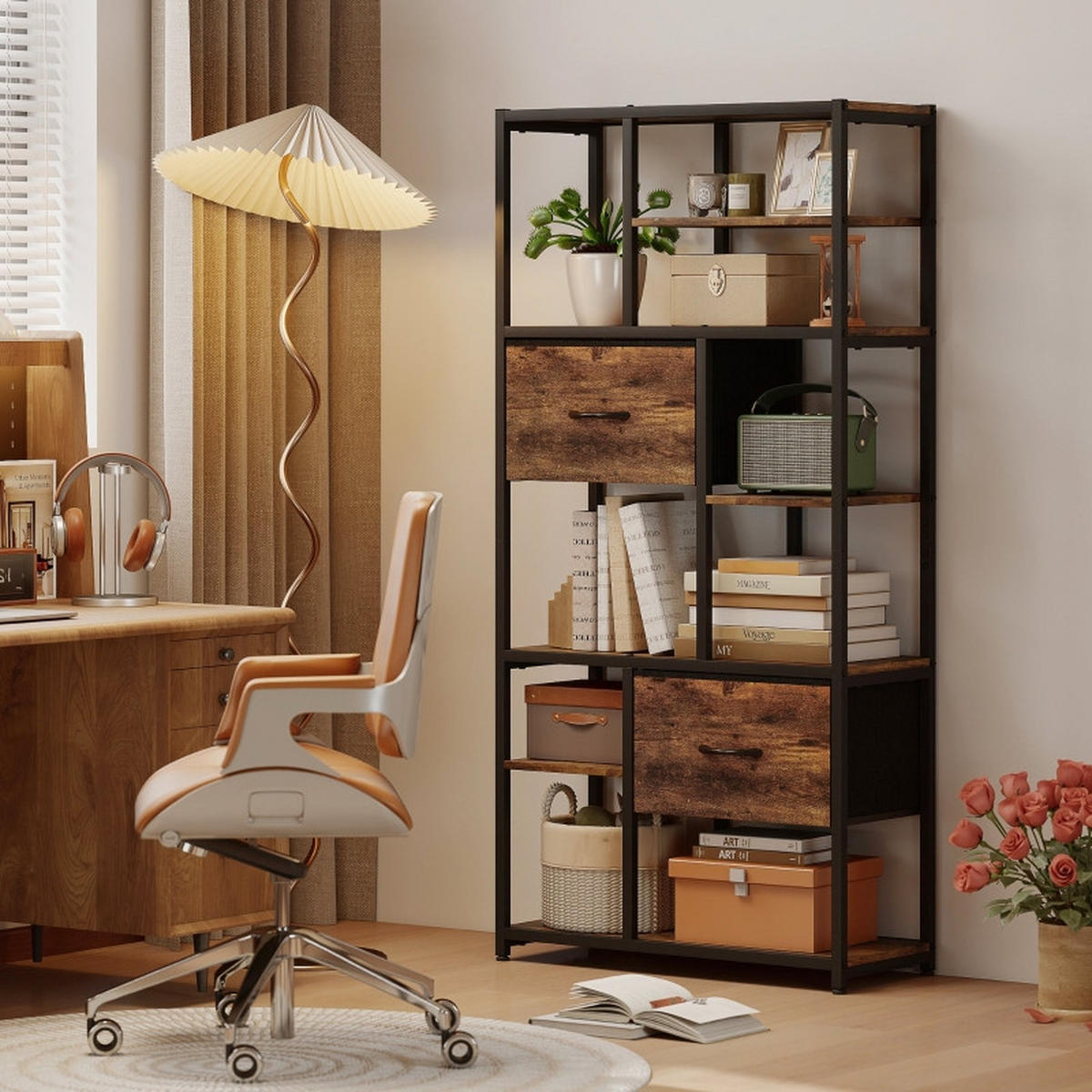 BÜCHERREGAL 72,5/30/150 cm mit 9 offenen Fächern und 2 Stoffschubladen - Braun, Holzwerkstoff (72.5/150/30cm) - BEAOK