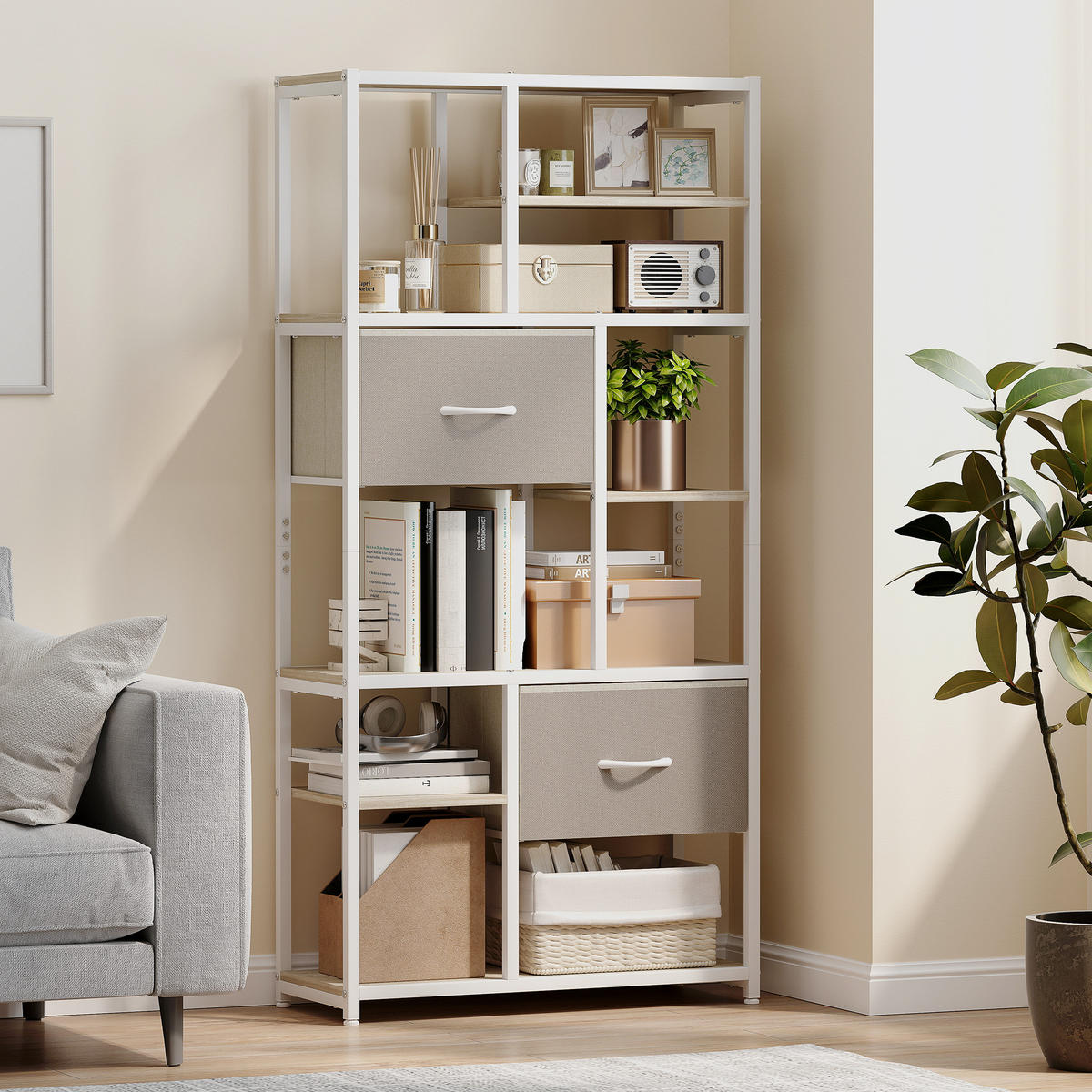 REGAL DE-15550 72,5/30/150 cm, 6 Ebenen mit 2 Stoffschubladen Weiß - Eichefarben, Metall (72.5/150/30cm) - ComfortXL