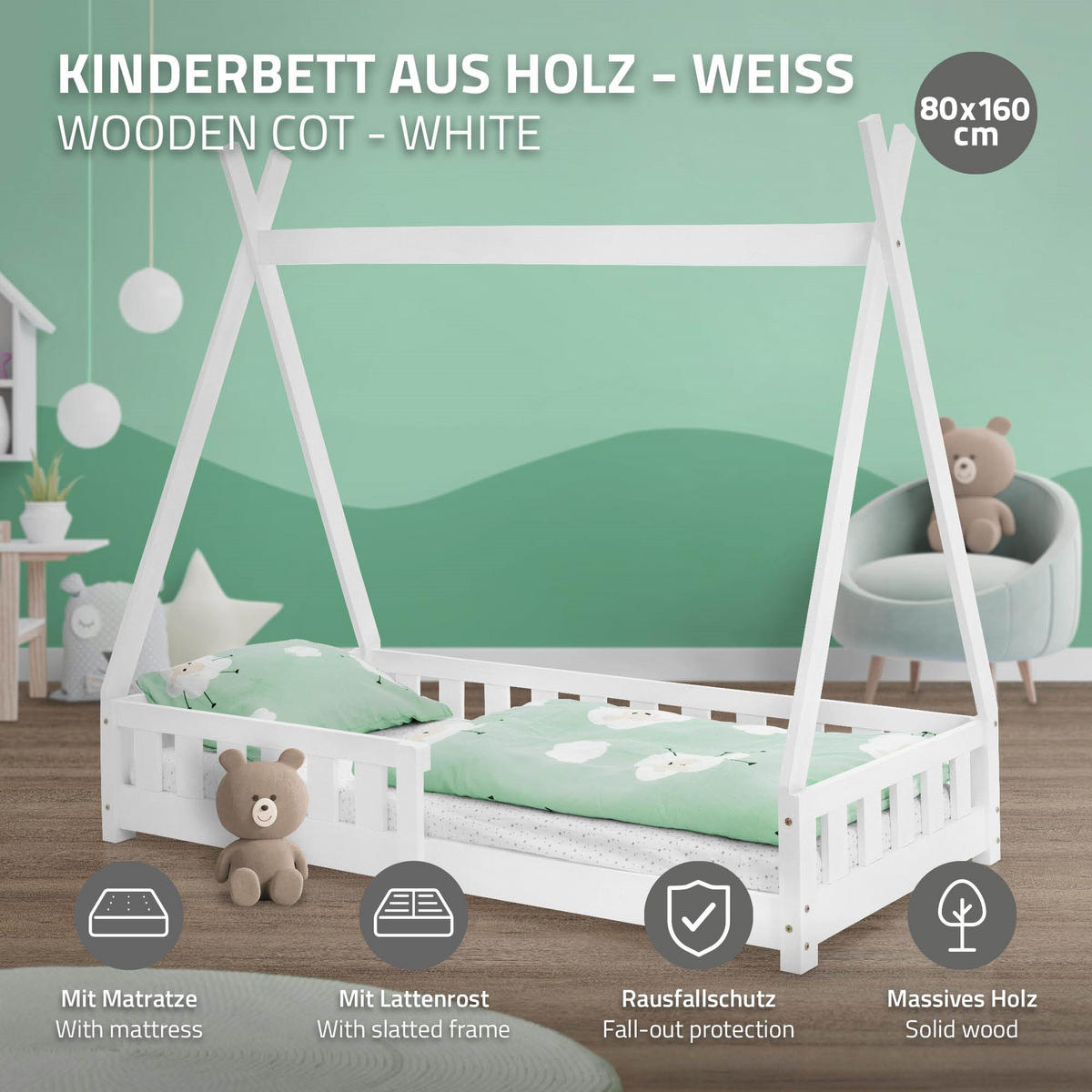 KINDERBETT Tipi mit Matratze 80x160 cm Weiß - Weiß, Holz (86/150/168cm) - ML-DESIGN