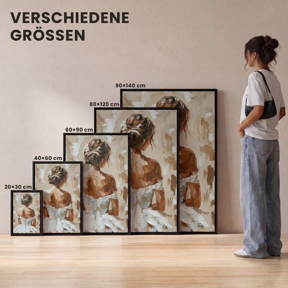LEINWAND Bilder mit Rahmen - Frau - Farbe - Abstrakt - Beige - Modern - 90x140 - Sandfarben, Textil (90/140cm) - MuchoWow