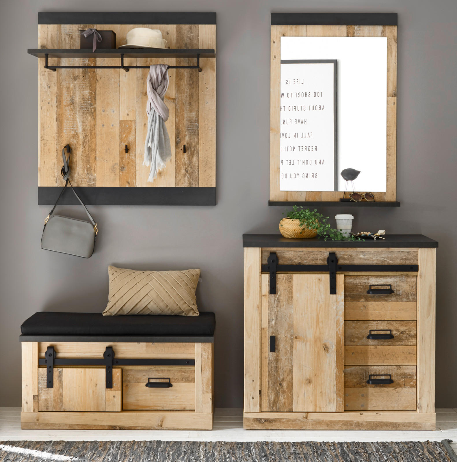 GARDEROBE Komplett-Set 5-tlg. Used Wood Vintage, mit Schiebetüren und Soft-Close - Anthrazit/Schwarz, Holzwerkstoff/Metall (206/200/43cm) - Furn.Design