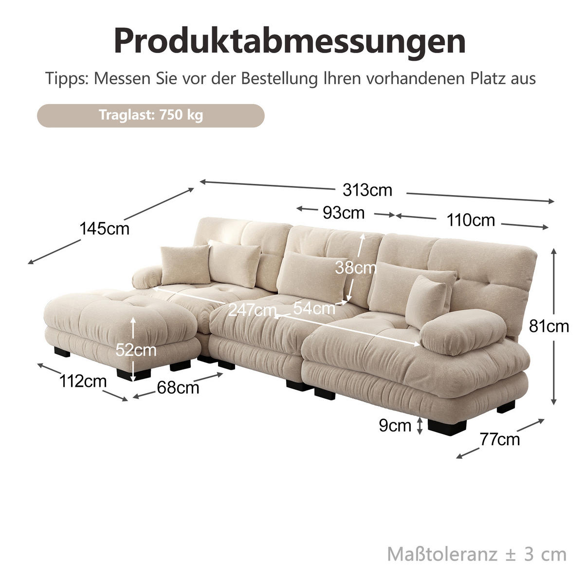 ECKSOFA in Hellbraun aus Chenille mit Ottomane, modular und besonders bequem - Cappuccino, Textil (145/313cm) - Flora Grace