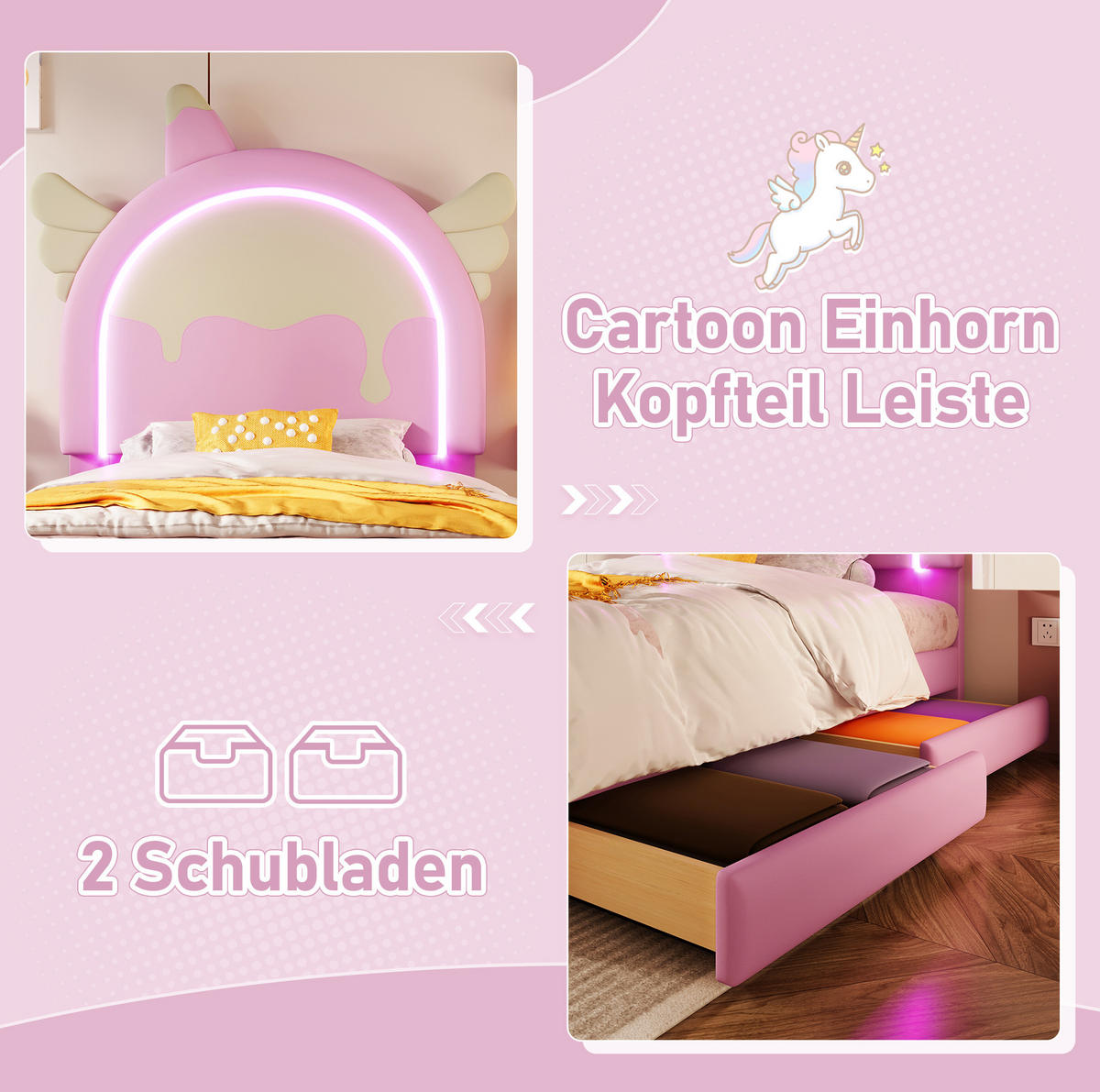 POLSTERBETT Einhornform 90/200 cm, Pink, mit Leuchtleiste, 2 Schubladen, ohne Matratze - Pink, Kunststoff (90/200cm) - MIVRAY