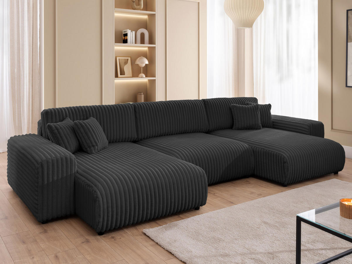 WOHNLANDSCHAFT Mollis Dunkelgrau Plüschcord mit Schlaffunktion - Dunkelgrau/Schwarz, Holz/Kunststoff (350/77/168cm) - S-Style Möbel