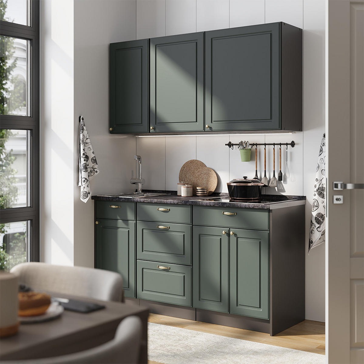 SINGLEKÜCHE Fame-Line, Grün-Gold Landhaus/Anthrazit, 150 cm ohne Arbeitsplatte - Anthrazit/Grün, Holzwerkstoff (150/82/51.6cm) - Vicco