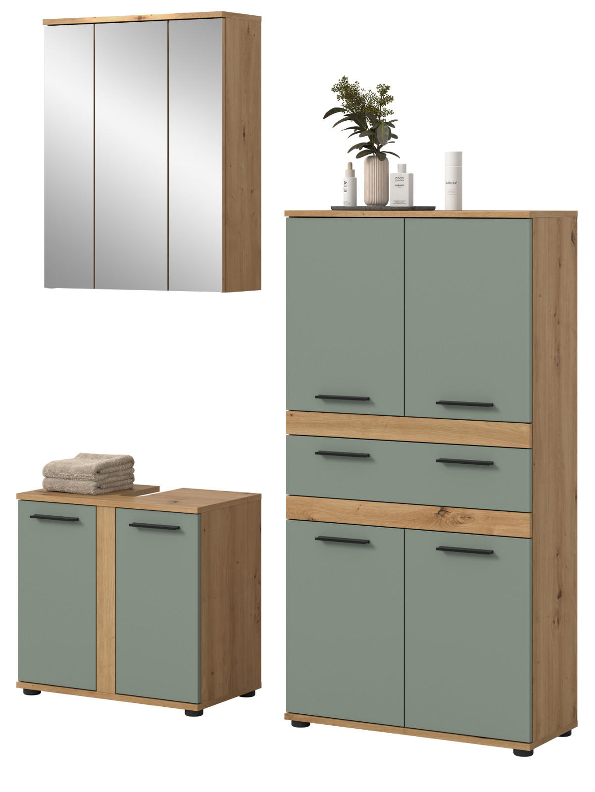 BADMÖBEL-SET 3-teilig Salbei grün, Artisan Eiche 145 cm, moderne Badkombination - Salbeigrün/Schwarz, Glas/Holzwerkstoff (145/191/34cm) - Inn.Furn