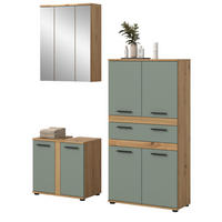 BADMÖBEL-SET 3-teilig Salbei grün, Artisan Eiche 145 cm, moderne Badkombination - Salbeigrün/Schwarz, Glas/Holzwerkstoff (145/191/34cm) - Inn.Furn