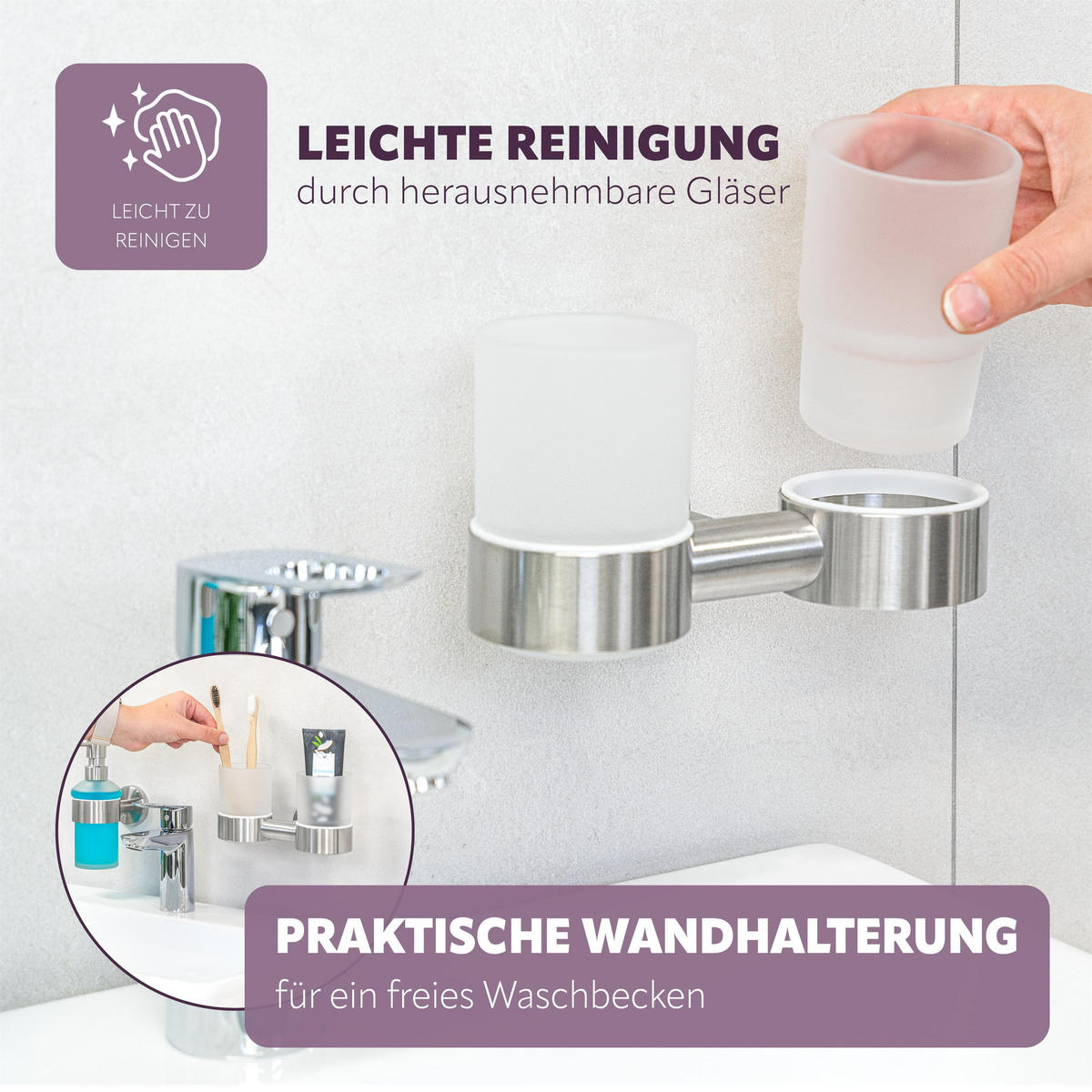 DOPPEL-GLASBECHERHALTER PIAZZA Edelstahl, inkl. Klebeset - Edelstahlfarben, Metall (17.5/10.5/11cm) - bremermann