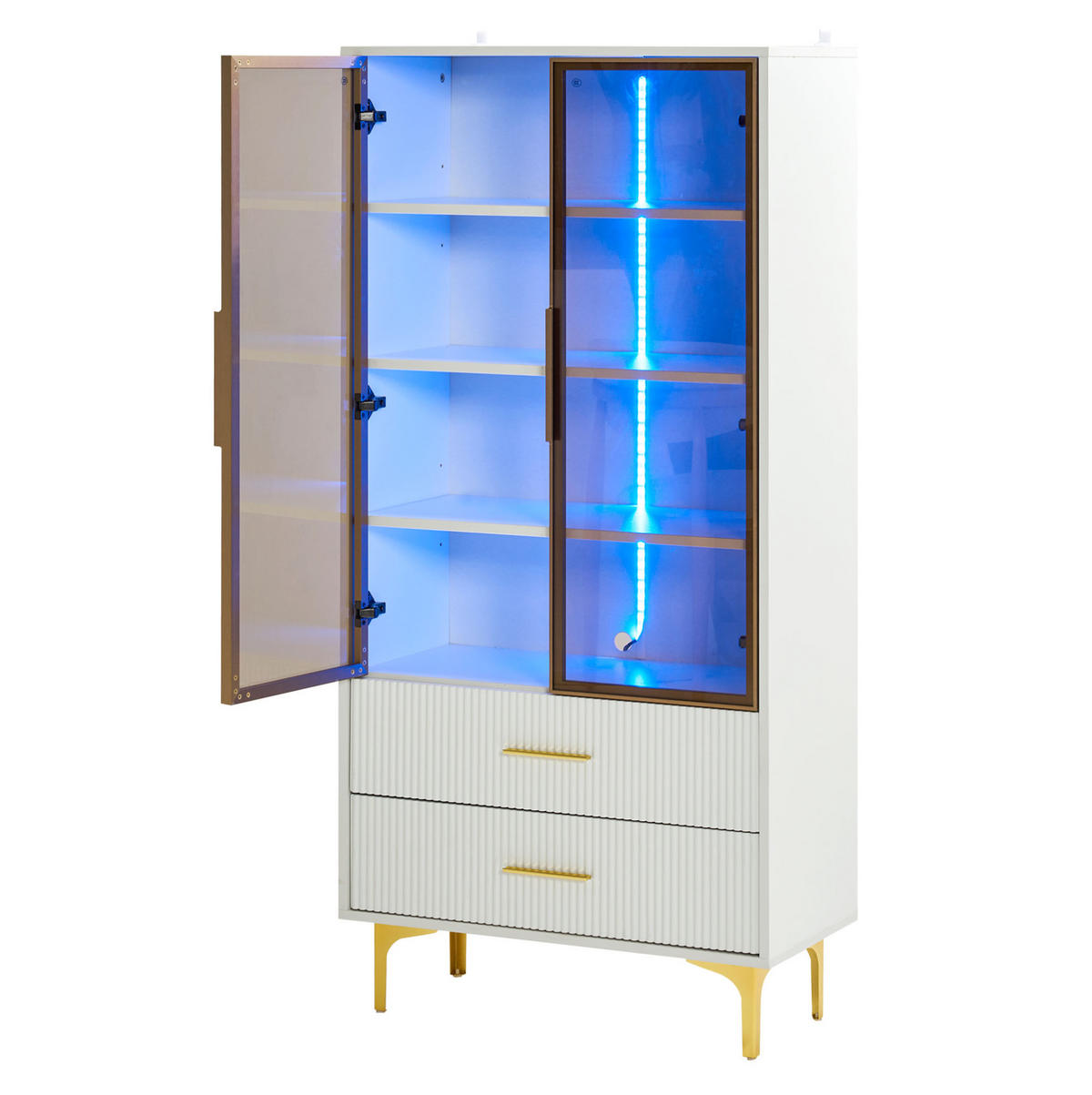 HIGHBOARD 70/35/150 cm in Weiß mit LED-Beleuchtung und 2 Schubladen - Weiß, Holzwerkstoff (70/150/35cm) - Flora Grace