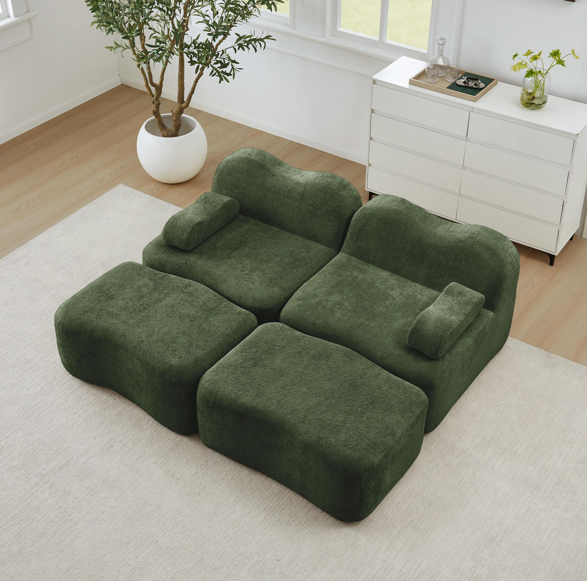SOFA 192/167/70 cm in Grün aus Samt mit Ottomans - Grün, Textil (167/70/192cm) - Flora Grace