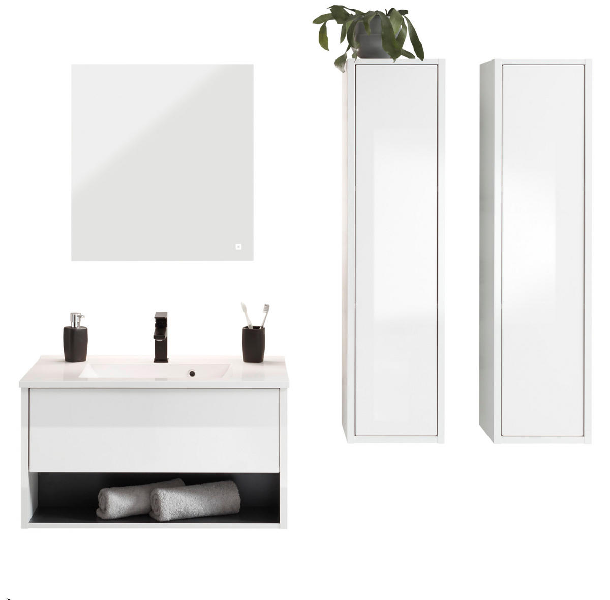 BADMÖBEL Set in weiß Hochglanz und grau mit Waschbecken und LED Beleuchtung 160 x 190 cm Glide - Weiß Hochglanz/Grau, Glas/Holzwerkstoff (160/190/47cm) - Furn.Design