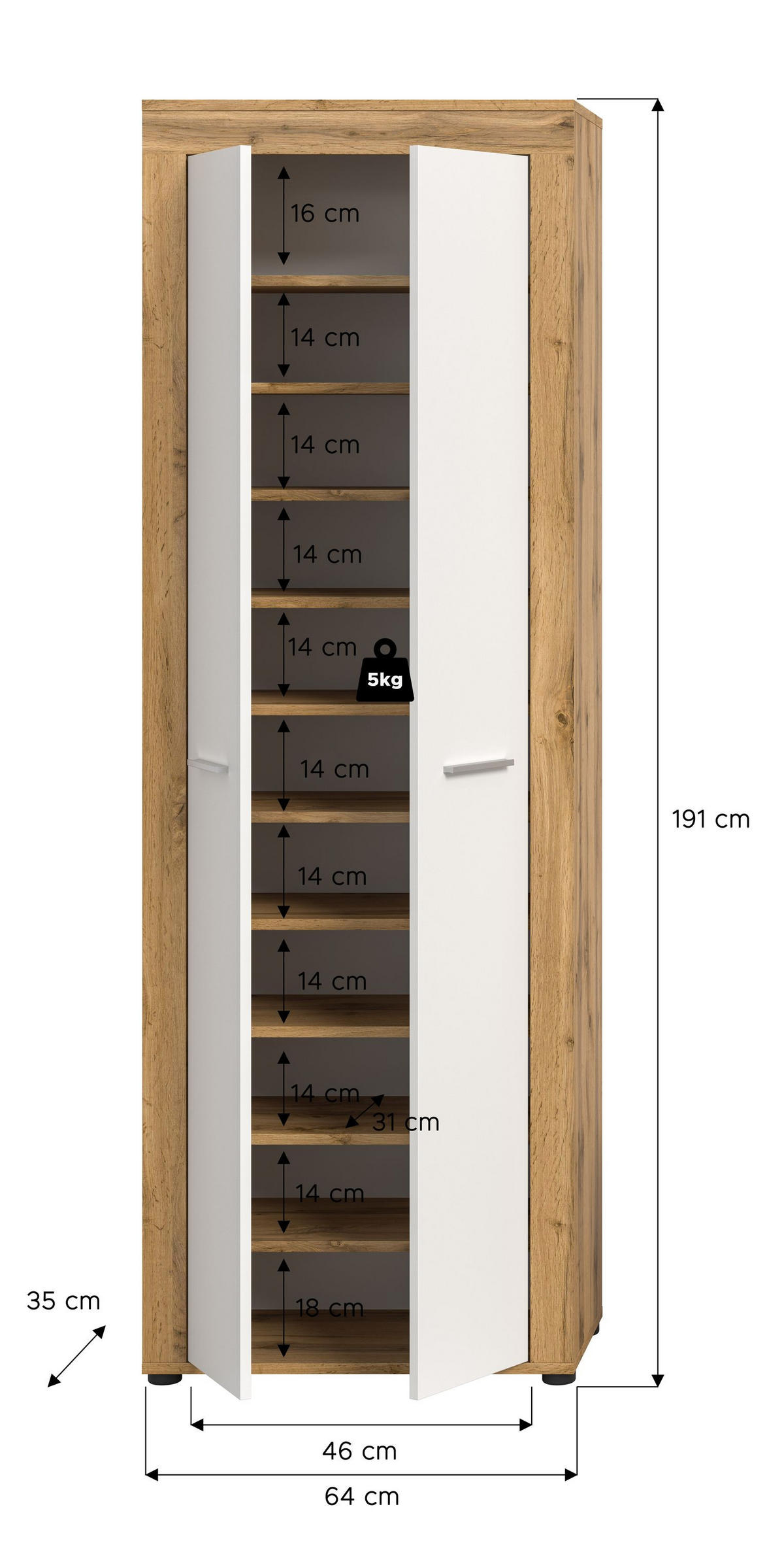 SCHUHSCHRANK JAM (B/H/T: ca. 64/191/35 cm) in Wotan Eiche Nachbildung/weiß - Eichefarben, Holzwerkstoff (64/191/35cm)