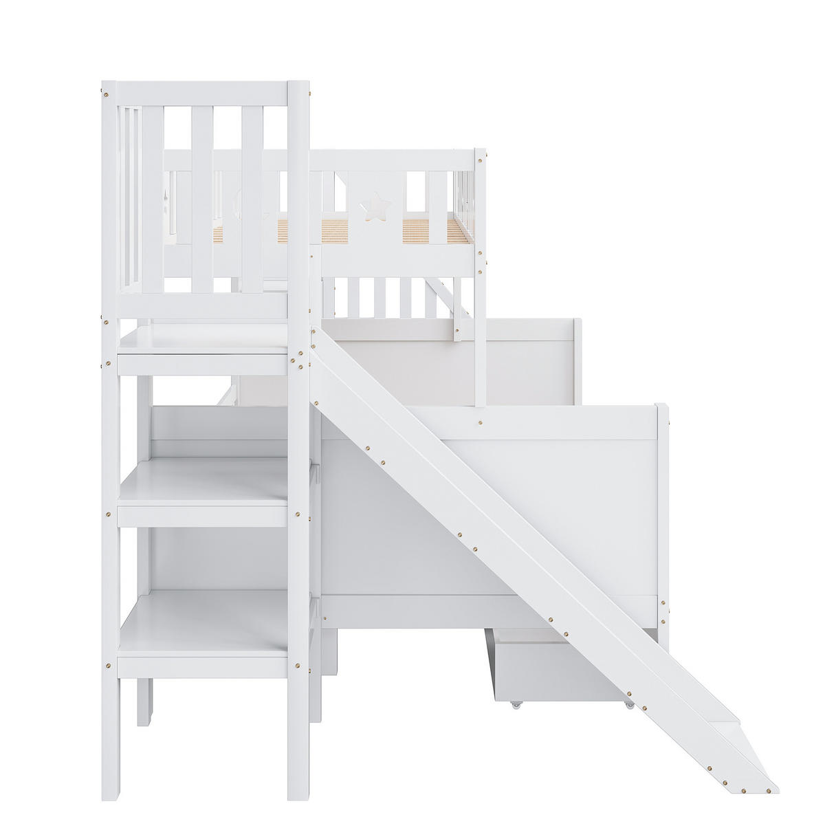ETAGENBETT Kinderbett 90/200 & 140/200 cm aus Massivholz mit Rutsche, Leiterregal und 2 Schubladen Weiß - Weiß, Holz (90/140cm) - Modenvie