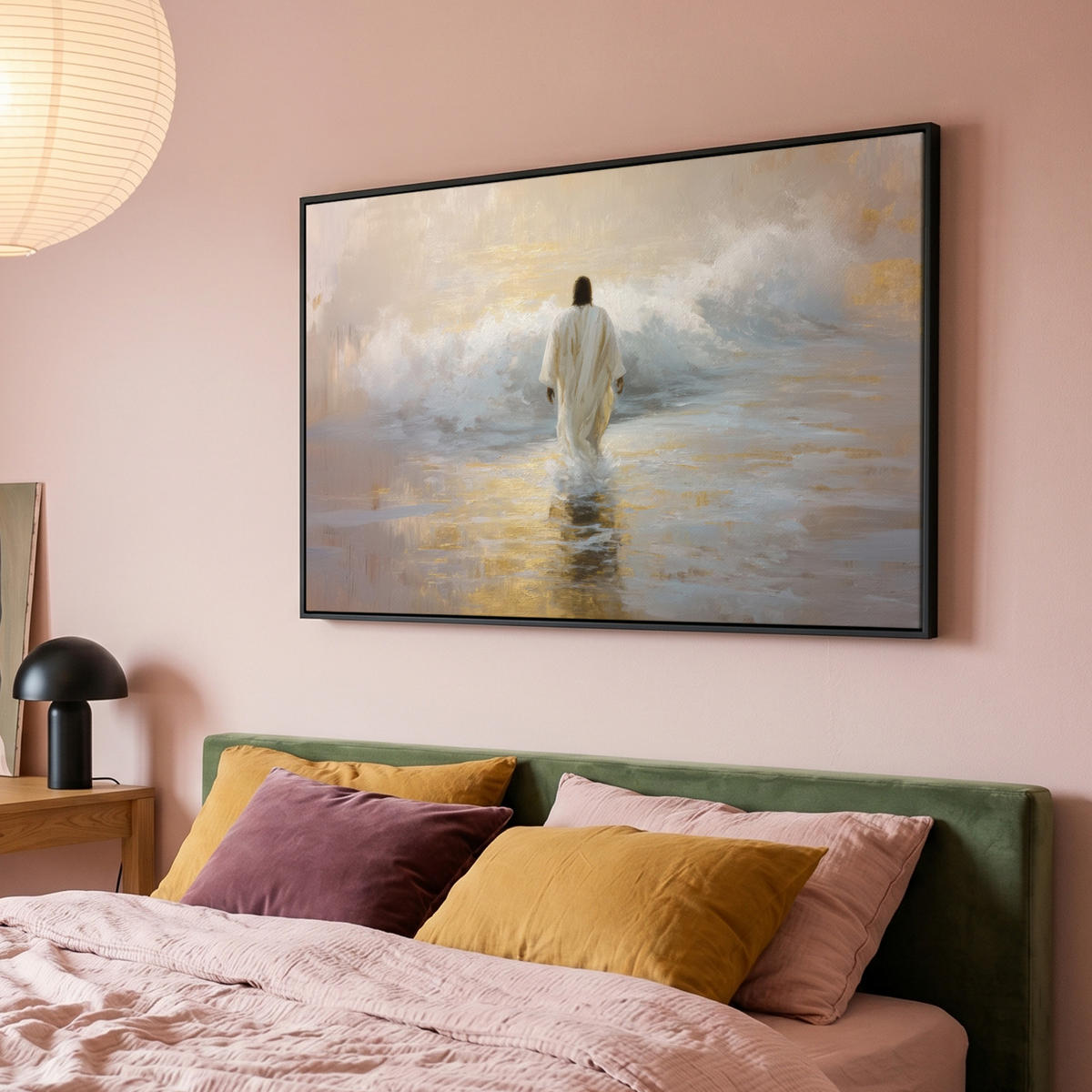 LEINWAND Bilder mit Rahmen - Gemälde - Welle - Jesus - Abstrakt - 140x90 - Goldfarben, Textil (140/90cm) - MuchoWow