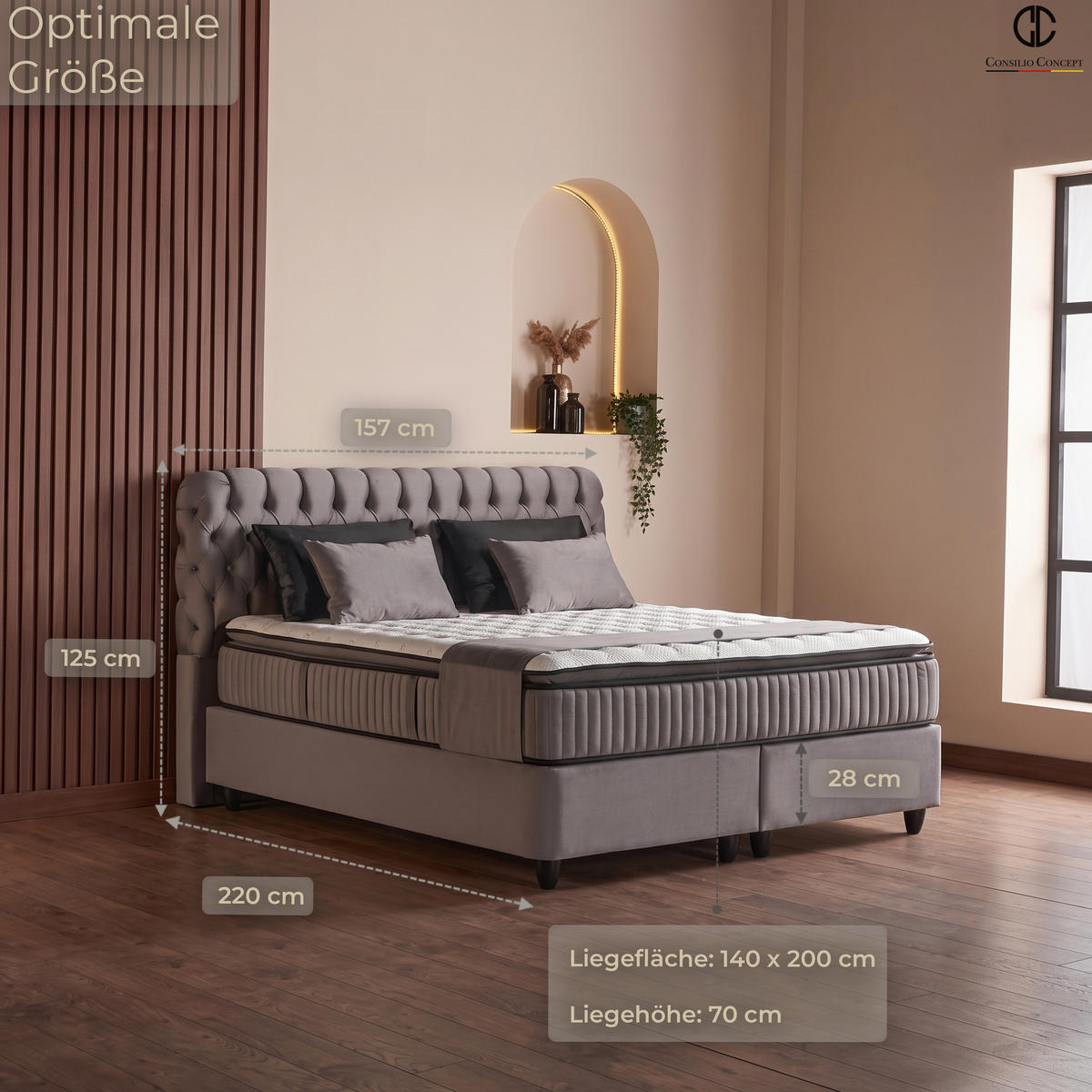 BOXSPRINGBETT MIT BETTKASTEN SIENA 140/200 cm, Grau, Bettkasten, Matratze, Topper integriert, H3 mittel, 7-Zonen Matratze - Schwarz/Grau, Holz/Kunststoff (140/200cm) - Consilio Concept