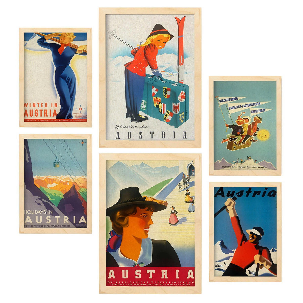 POSTER Set Mit 6 Österreich 2 Vollfarbige Illustrationen Von Vintage Tourismus Werbetafeln Aus Der Ganzen Welt A3 & A4 Rahmen Aus Hellem Holz - Beige, Papier (29/3cm) - Nacnic