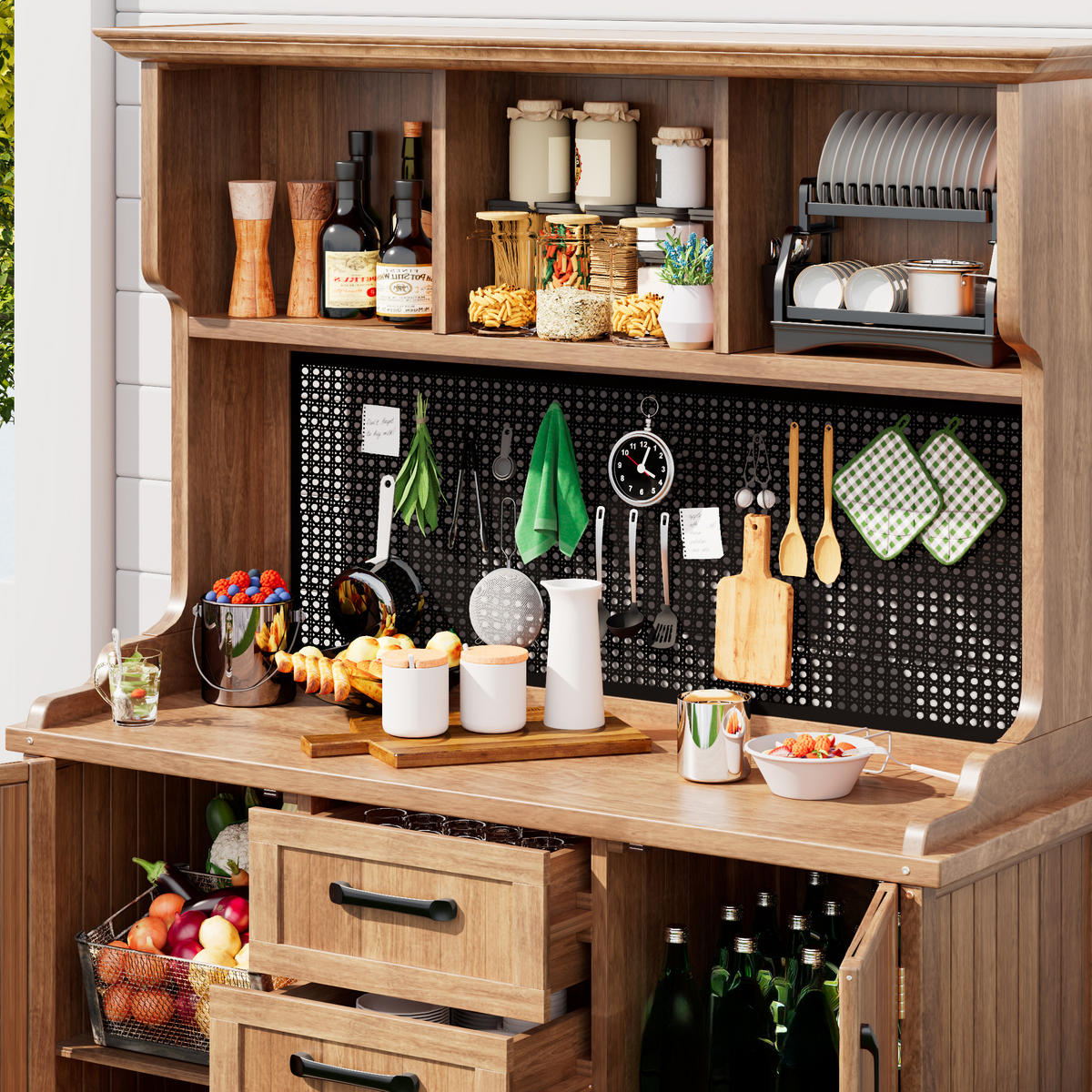 GARTENSCHRANK Holz Tanne 3 Schubladen 3 Fächer Metall Lochwand - Naturfarben, Holz (50/185/133.6cm) - FLIEKS