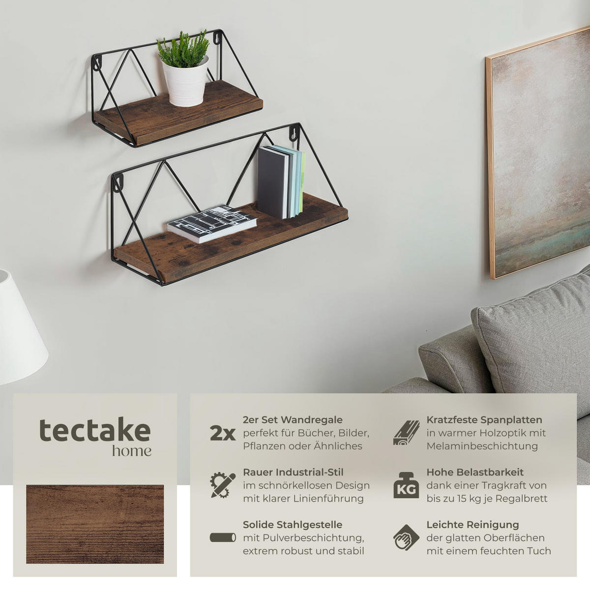 WANDREGAL 2er Set Rockport,Tiefe 13 cm,Industrial Holz dunkel,rustikal - Rostfarben, Holzwerkstoff (13/14.5/41cm) - tectake