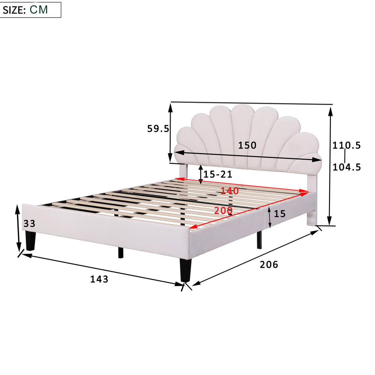 POLSTERBETT 140/200 cm Beige mit blumenförmigem Kopfteil und Lattenrost - Beige, Textil (140/200cm) - OKWISH