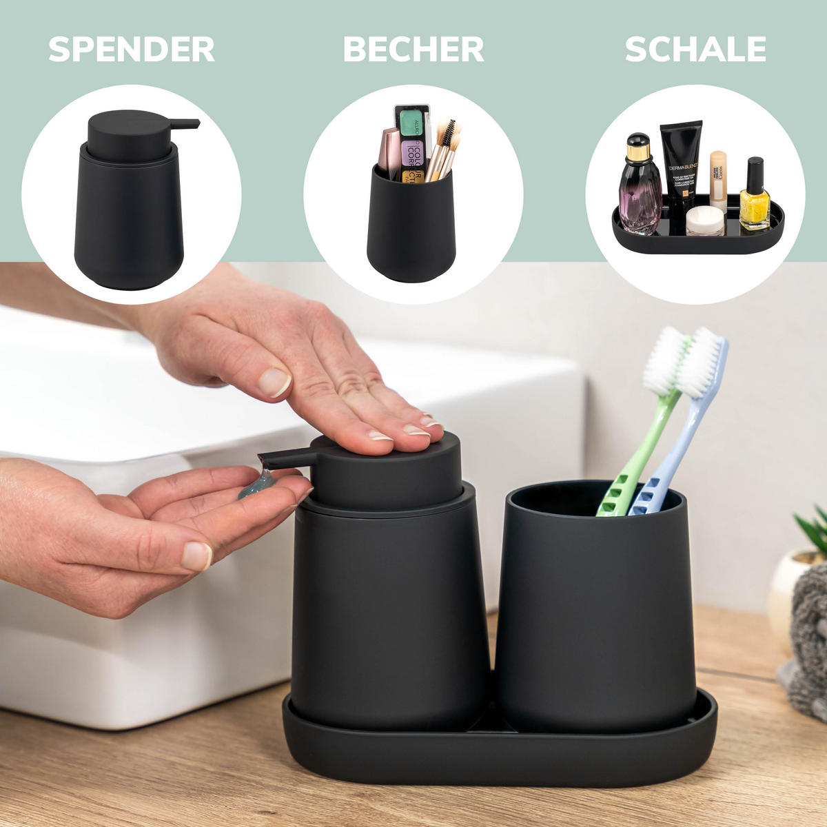 BAD-ACCESSOIRES-SET TESERO, Soft-Touch, schwarz - Schwarz, Kunststoff (22.5/25.5/25cm) - eluno