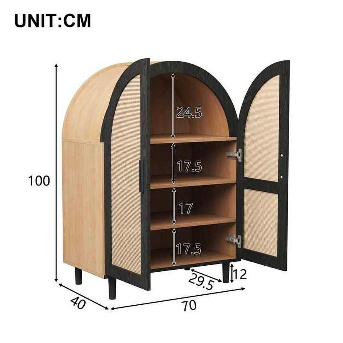 SCHUHSCHRANK 70/40/100 cm in Natur/Schwarz mit Rattantüren und verstellbaren Einlegeböden - Naturfarben, Holzwerkstoff (70/40/100cm) - Flora Grace