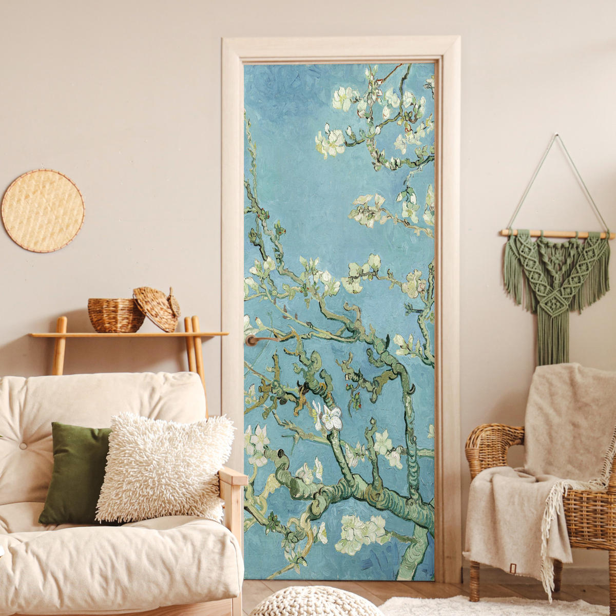 NÁLEPKA NA DVERE Mandľový kvet - Van Gogh - Umenie 90x235 cm - pastelová modrá, plast (90/0.1cm) - MuchoWow