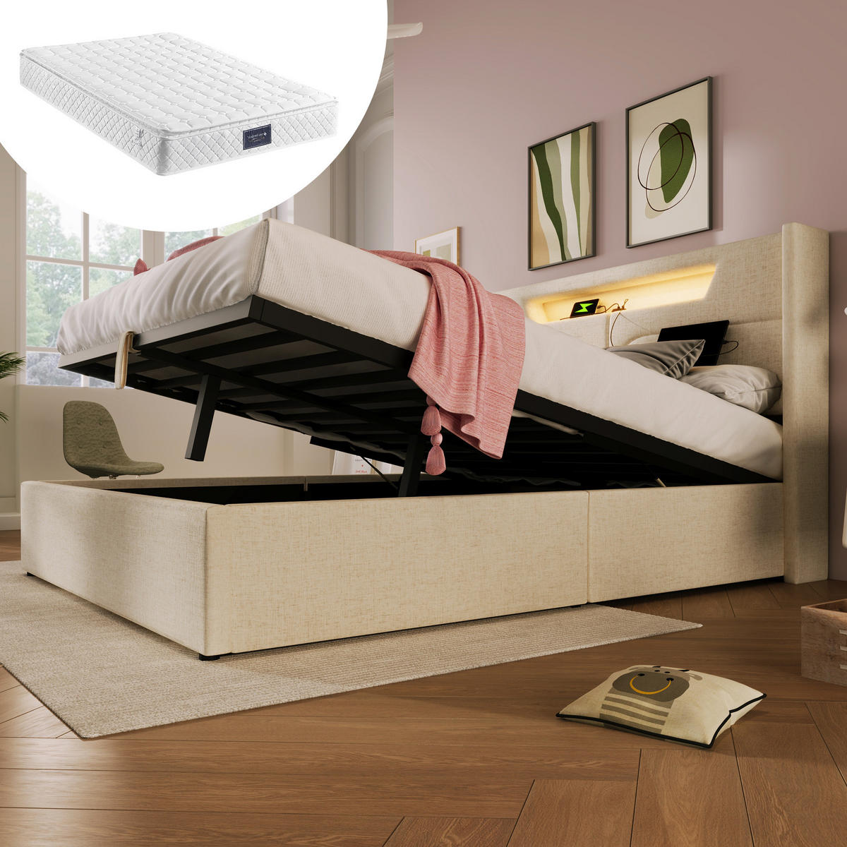 POLSTERBETT mit LED, USB und Stauraum 140x200 cm Beige inkl. Matratze - Beige, Metall (140/200cm) - Meubliv