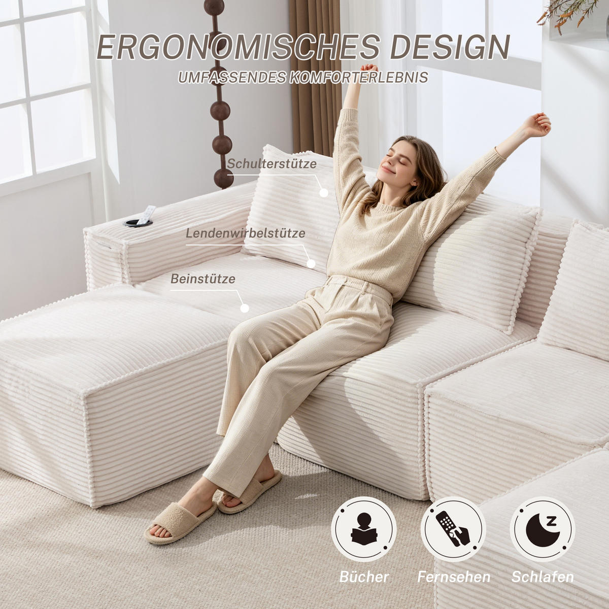 WOHNLANDSCHAFT 330/162/75 cm Beige mit 2 Fußhocker, Getränkehalter und Seitentaschen - Beige, Textil (330/75/162cm) - Oxeza